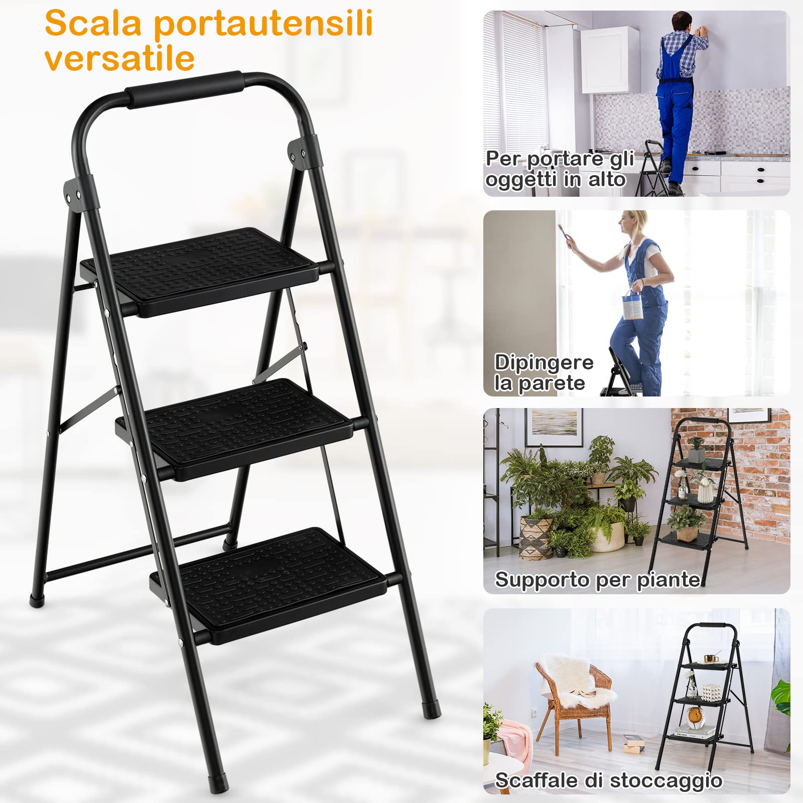 COSTWAY Scala Pieghevole a 3 Gradini con Corrimano in Metallo | Scaletta Pieghevole con Ampio Pedale, Piedi Antiscivolo, Carico 265kg, Nero