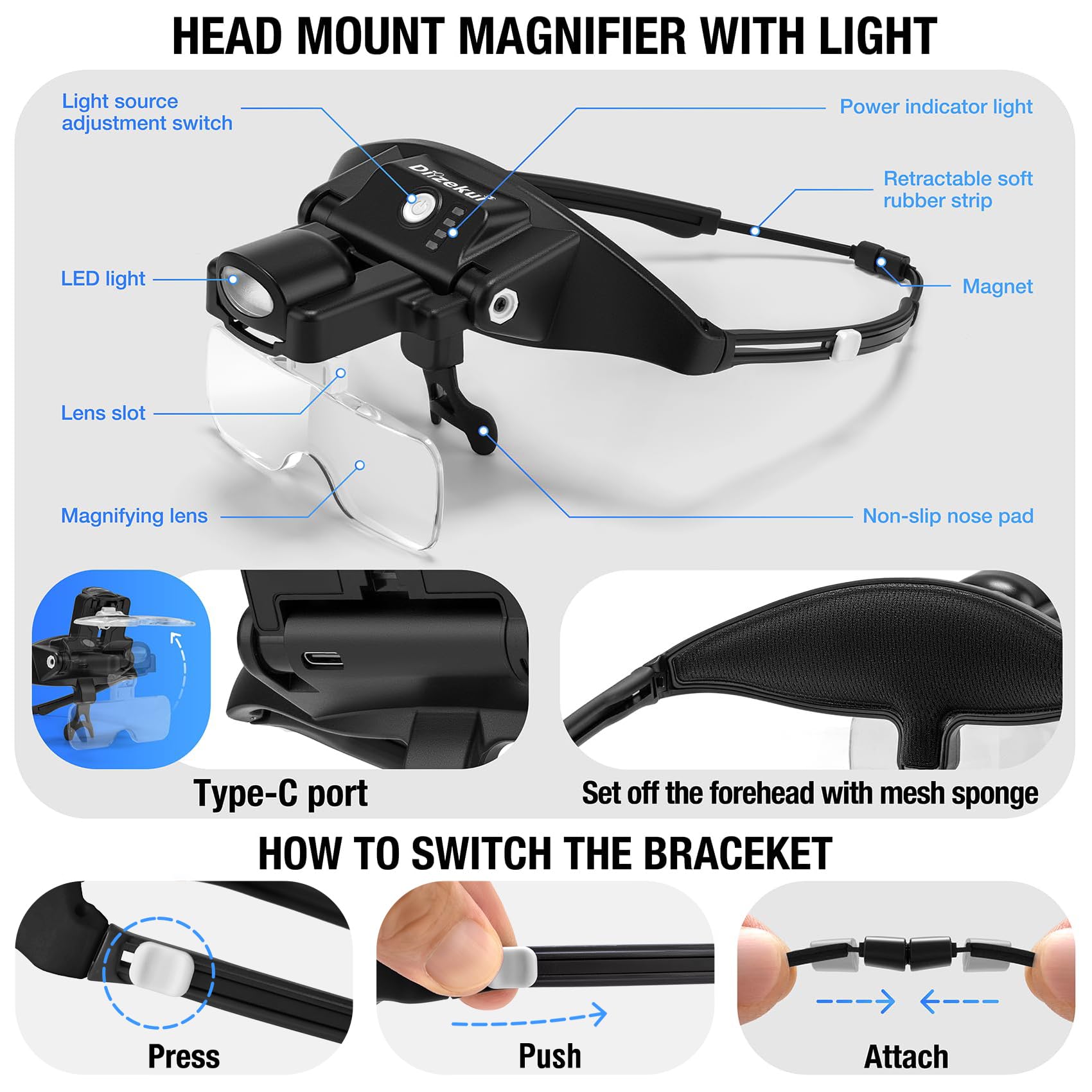 Dilzekui Lupa con luz 1X-4X, lupa recargable con cabeza magnética, lupa con 6 lentes desmontables, modos de luz fría cálida para trabajos cercanos, manualidades