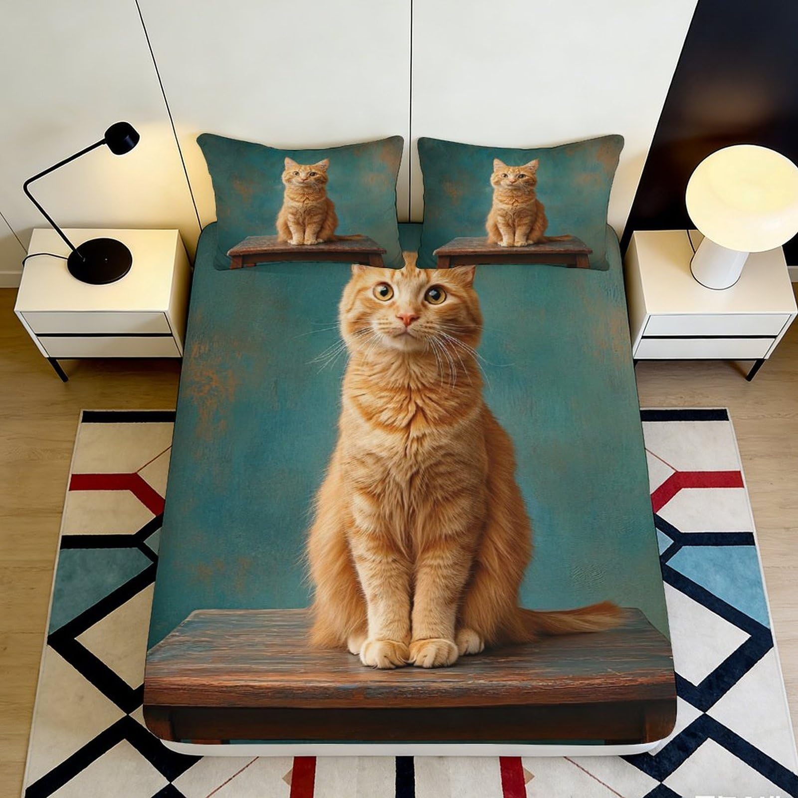 3D Printed Orange Cat Portrait Fitted Sheet Microfiber Soft Anti-Slip Mattress Cover for Bedroom Dorm Easy Care 200x200x25cm
