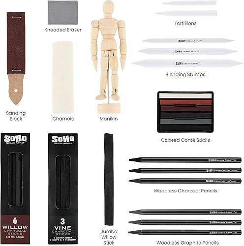 Miniatura 3 de Soho Urban Artist Juego de dibujo de carbón con maniquí en estuche con cremallera, carbón de dibujo para artistas, estudiantes, mezclas, dibujos de