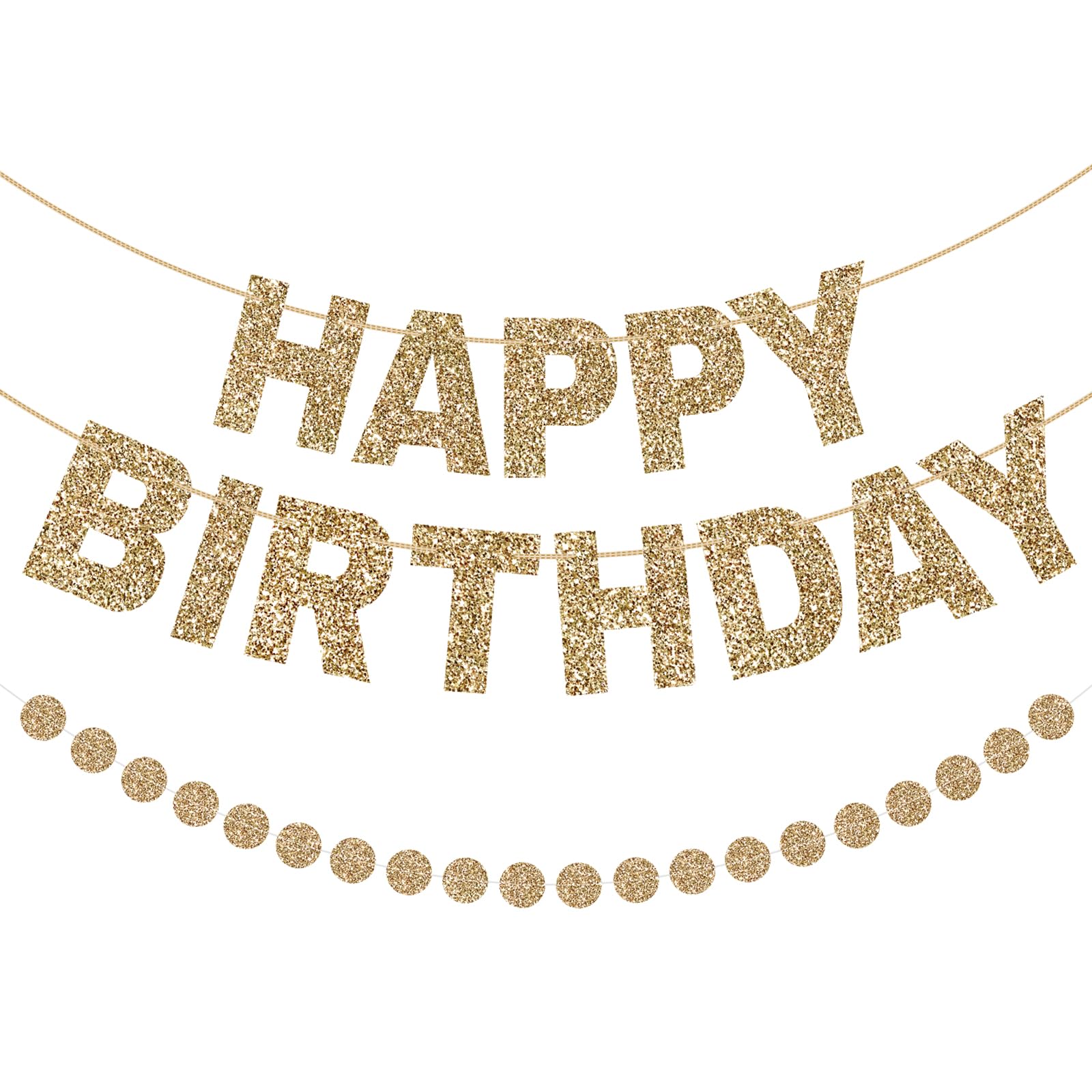 G2PLUS Glitter Happy Birthday Banner with Circle Dot Garland: Champagne Gold Birthday Decorations, Party Decorations for Men, Women, Boys and Girls