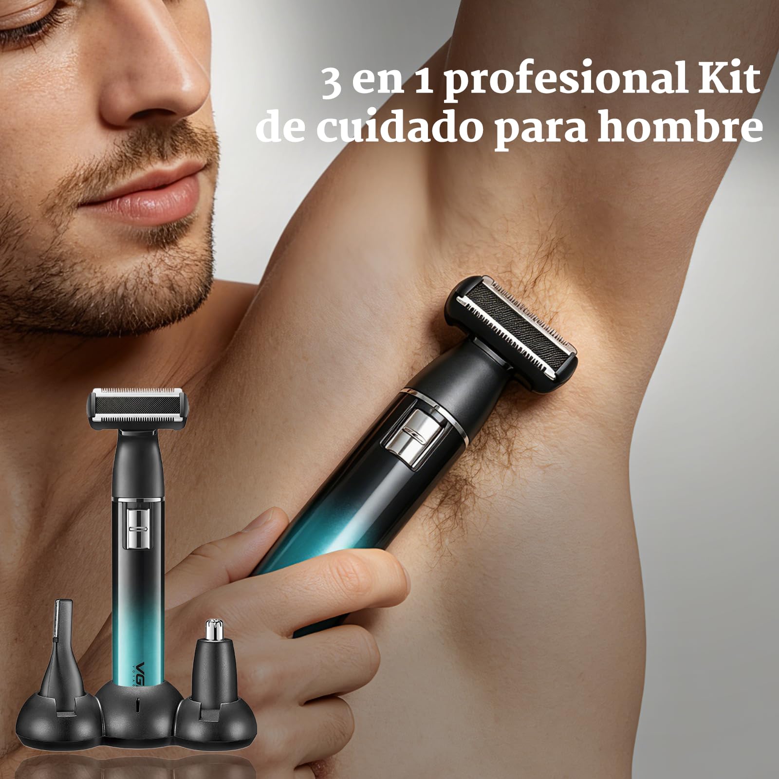VGR 628 Depiladora Corporal Hombre 3 en 1, Afeitadora Corporal Masculina Inalámbrica, Maquina Depilar Hombre con Base, Adecuada Para Pecho, Piernas, Axilas, Nariz Y Rostro, Carga USB, IPX5, Verde