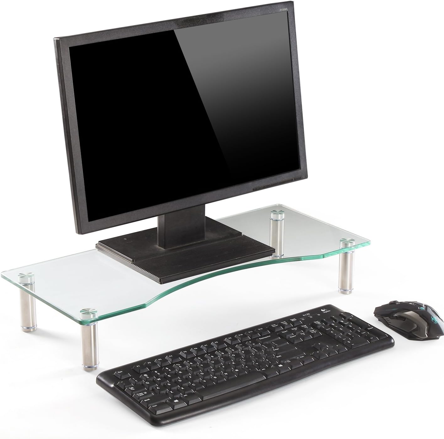 Clear Glass Monitor Stand / Laptop & Computer TV Screen Riser / Height Adjustable 56cm L x 24cm D x 9cm H (Clear)