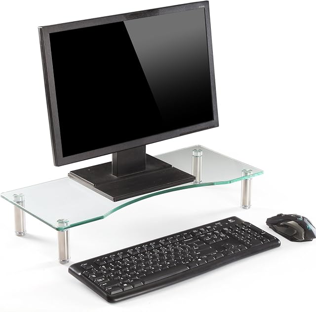 Ttap Clear Glass Monitor Stand/Laptop & Computer TV Screen Riser/Height Adjustable 56cm L x 24cm D x 9cm H (Clear)