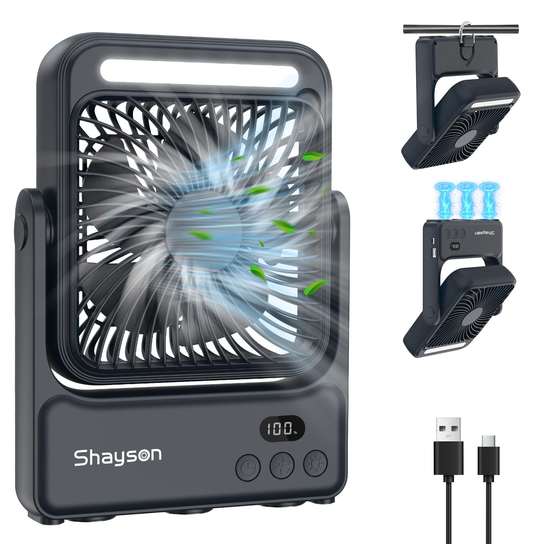 USB Ventilatore Portatile 10000mAh,Luce LED,7-27 ore di Funzionamento | Ventilatore da campeggio ad alto flusso d'aria e funzionamento silenzioso con ventosa per casa e ufficio