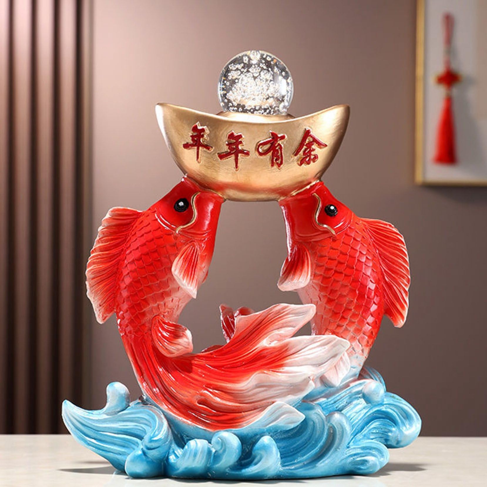 Amazon.co.jp: 鯉の置物 風水グッズ 双魚戯珠 樹脂製 水晶玉