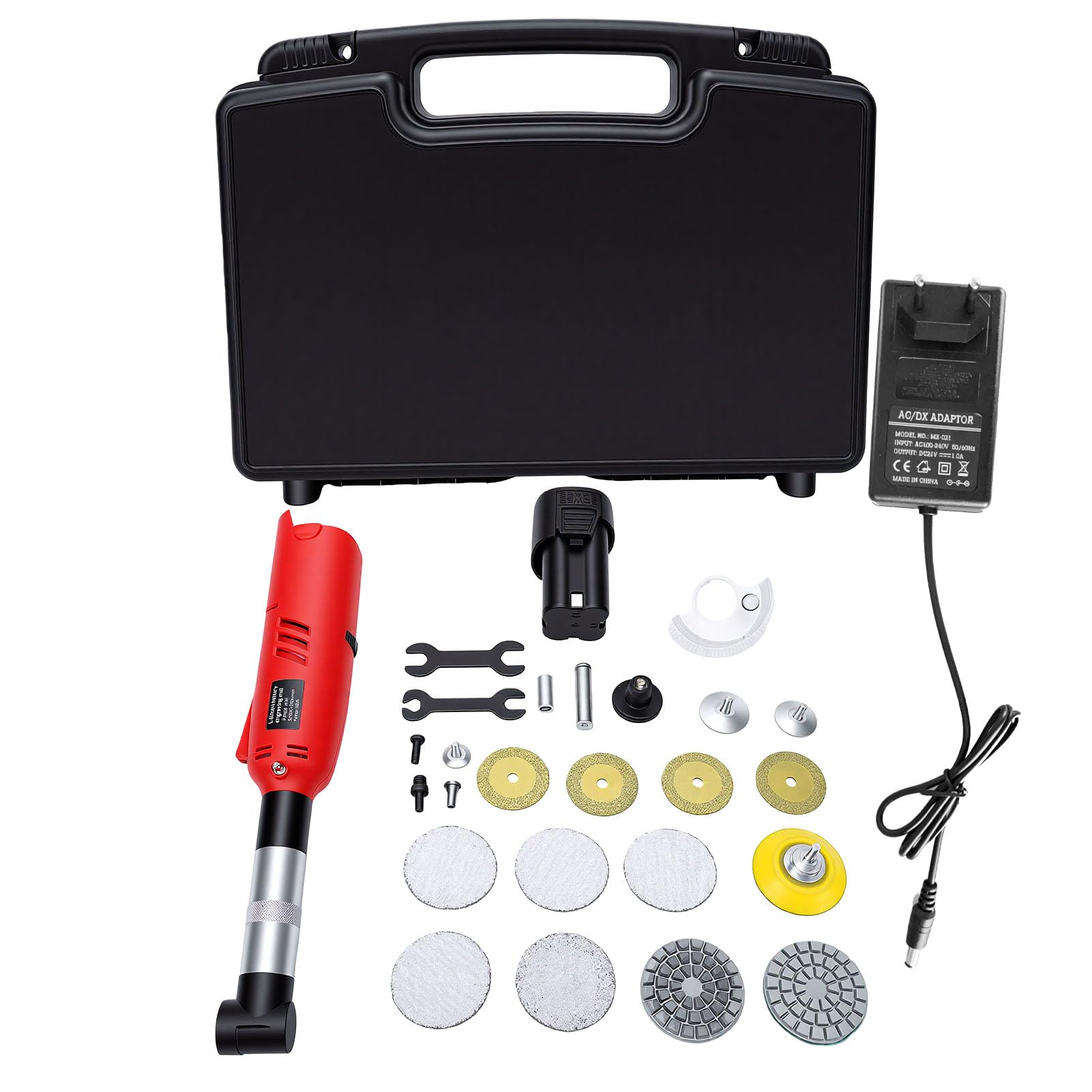 Bewinner Amoladora Angular Inalámbrica, Lijadora Pulidora Eléctrica de 360 ​​W, 5 Velocidades, 12000 RPM, con Protector Transparente, Batería de Iones de Litio de 2500 MAh para Cortar, Grabar y