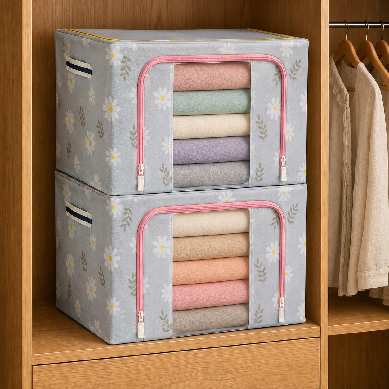 Arkaa Foldable 66 Liters Steel Frame Cloth Organizer for Storage, Wardrobe/Almirah Organisers with Transparent Window, Double Zipper & Side Handles, Assorted Prints Clothes Organizer Bags, (Pack of 2)-image-49