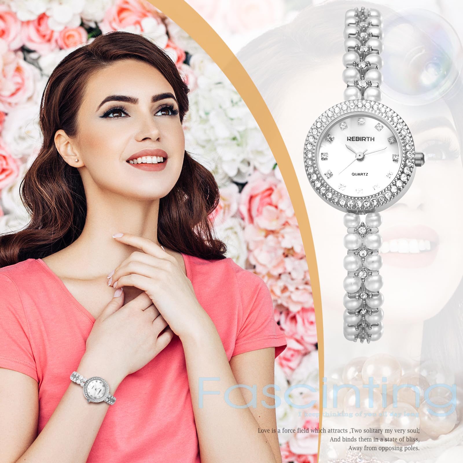 JewelryWe Damenuhr Strass Perlen Uhr 30m Wasserdicht Glitzer Diamant Perlenuhr Damen Analog Quarz Armbanduhr Elegant Klein Rund Lässige Uhr mit schmalem Metallarmband
