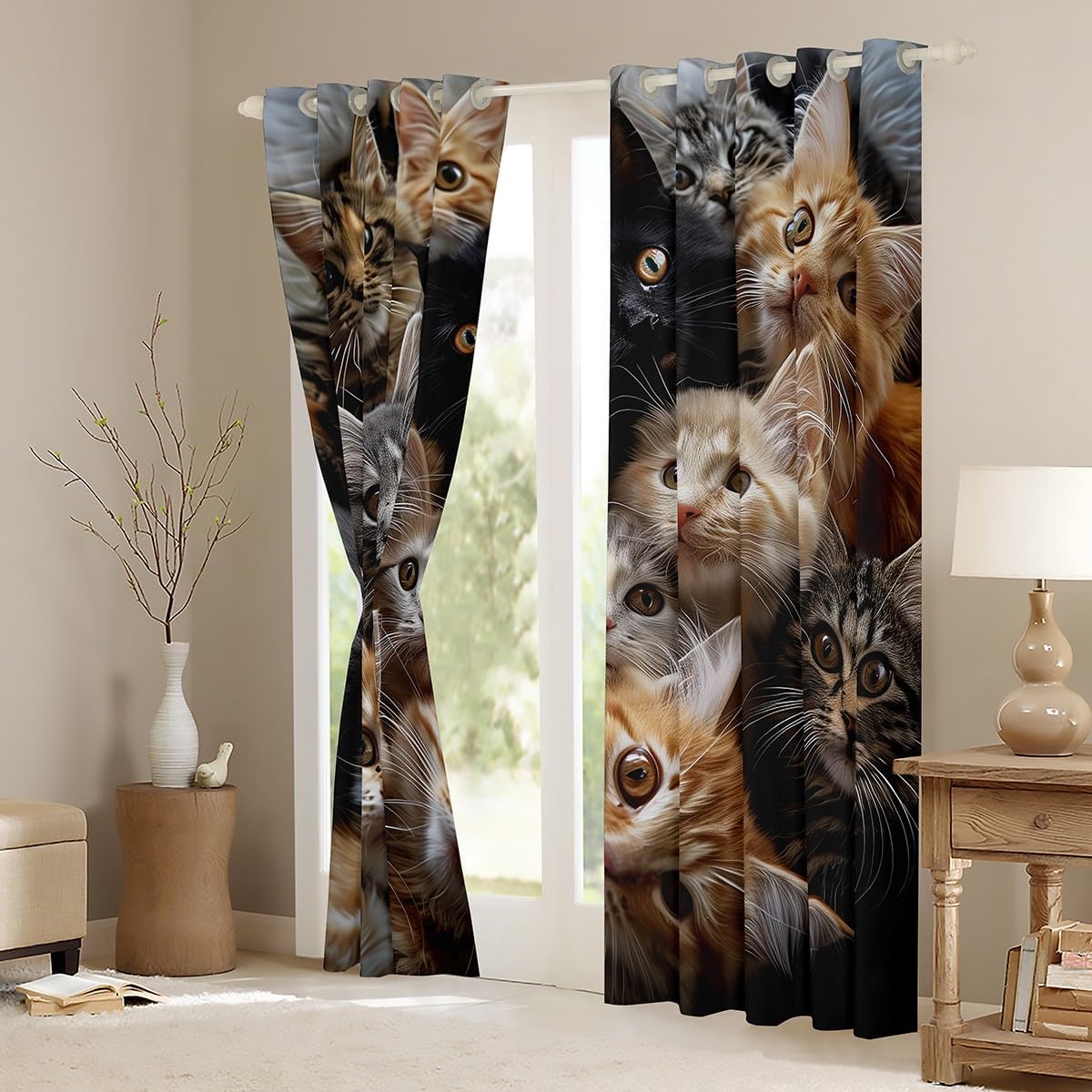 Feelyou Cute Cat Family Curtains Cute Kitten Window Drapes Treatments for Kids Boys Girls Pet Animal Window Drapes Kawaii Animal Window Treatments, 52W X 90L,2 Panels