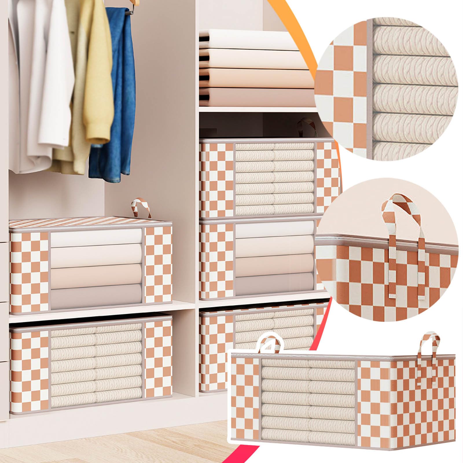 GenericFoldable Clothing Storage Basket Large Capacity Orange And White Storage Basket Visual Window Storage Bag Wardrobe Miscellaneous Storage Basket