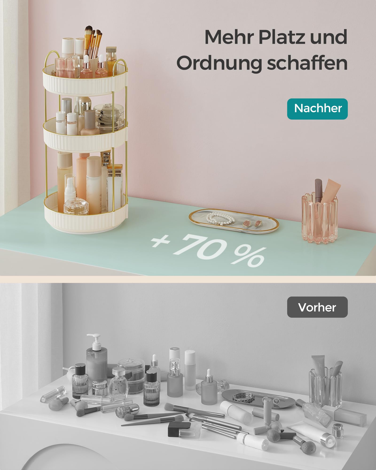 SONGMICS Make-up Organizer drehbar, Kosmetik-Organizer rund, 3 Ebenen, Kosmetik Aufbewahrung, anpassbar, für Schminktisch, Geschenkidee, wolkenweiß JKA011W01