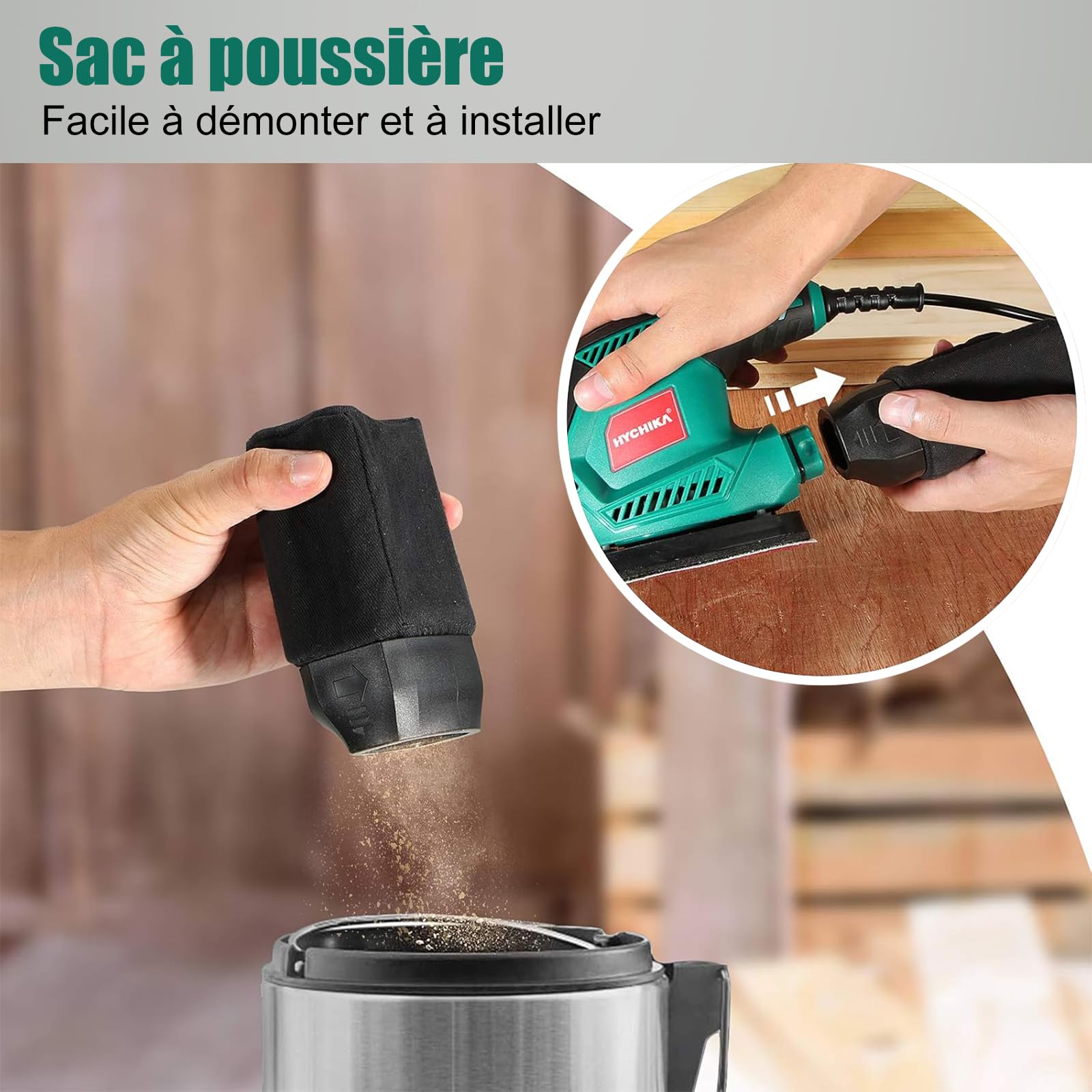 HYCHIKA Ponceuse Bois, 200W 14000RPM Ponceuse Electrique avec 12pcs Papier de Verre& Collecte de Poussière, Idéale pour Angles et Bords, Métal et Bois