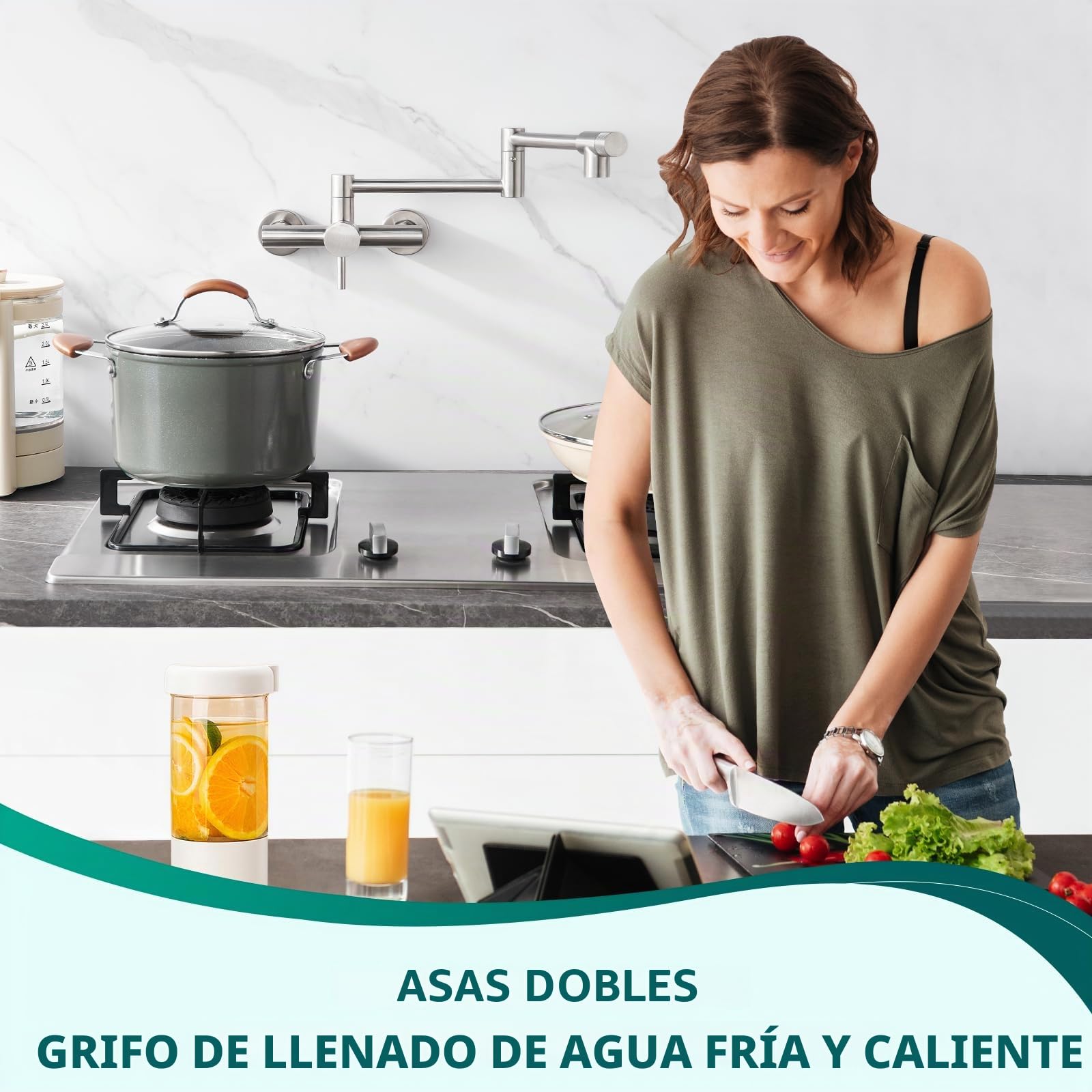 CREA Grifo de pared plegable para cocina,grifo de cocina, Grifo para Fregadero, 360° Giratorio Plegable, para fregadero de cocina con dos asas,para Grifo de Agua Fría y Caliente,Acero Inoxidable | Grifo de cocina para fregadero giratorio 360°, grifo de co