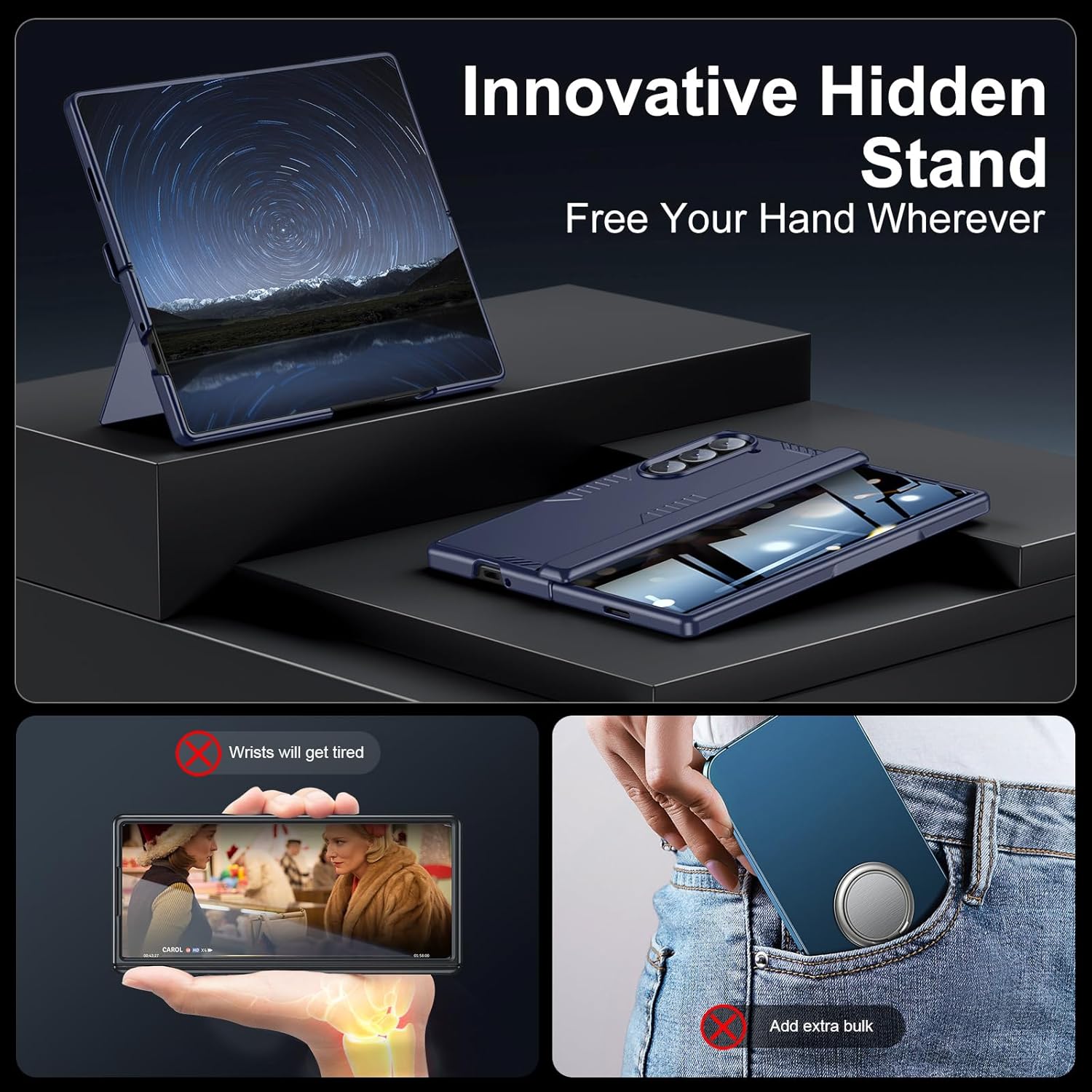 Kaiiecal for Samsung Galaxy Z-Fold-6 Case: Shockproof Rugged [Hidden Kickstand][Hinge Protection][Wireless Charging][Built-in Screen Protector] Armor Protective Cover with for Z Fold 6, Privacy Blue