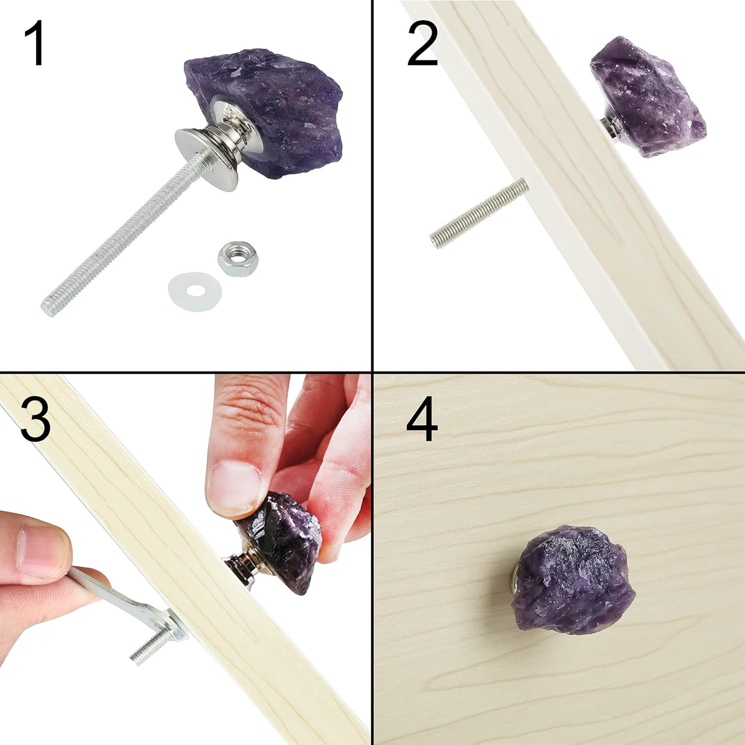 Malimali Natural Amethyst Knobs for Cabinets and Drawers Set of 4, Purple Dresser Knobs and Pulls for Bifold Doors, Cupboard, Wardrobe, Kitchen, Bathroom
