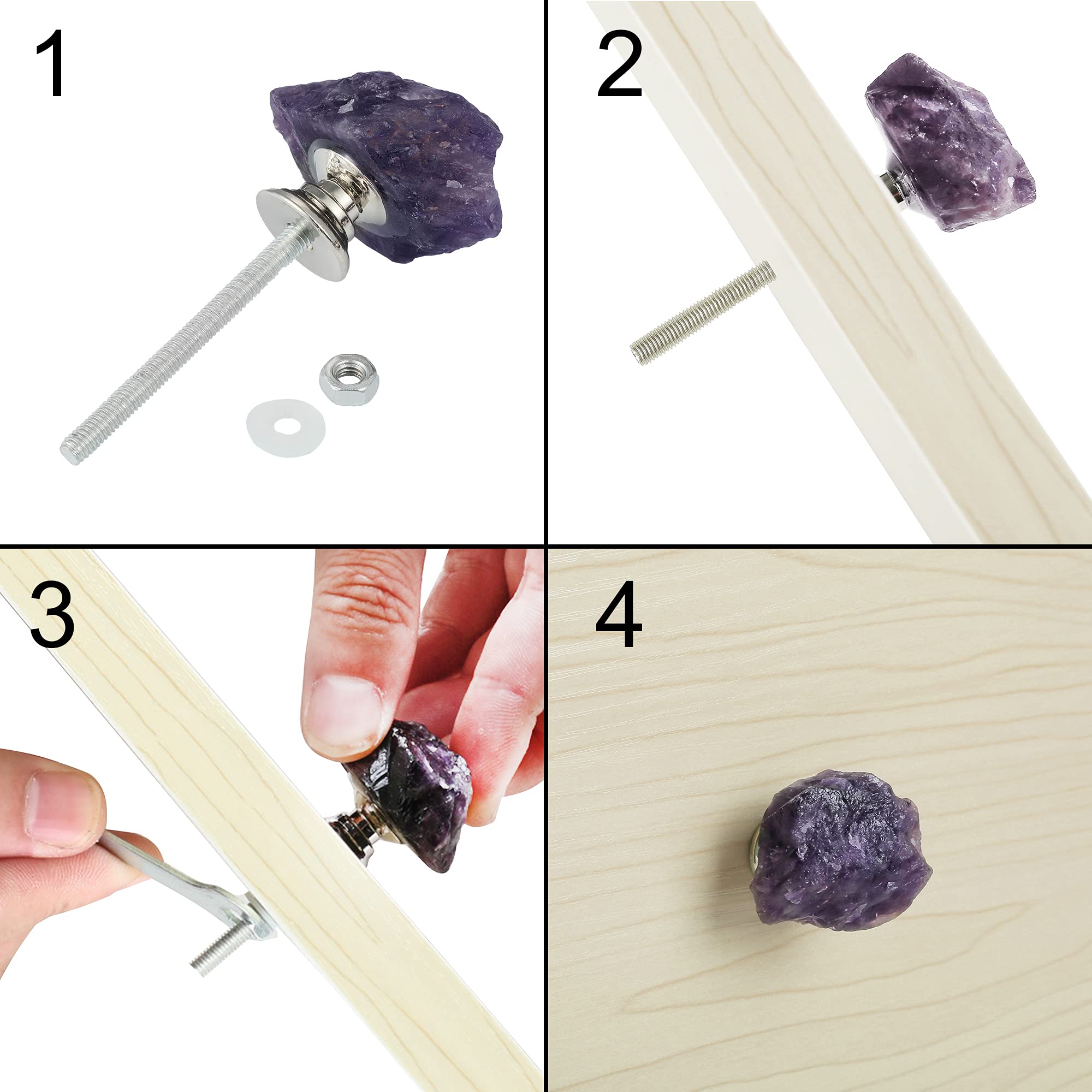Malimali Pomos de gabinete de amatista natural, morado, juego de 4