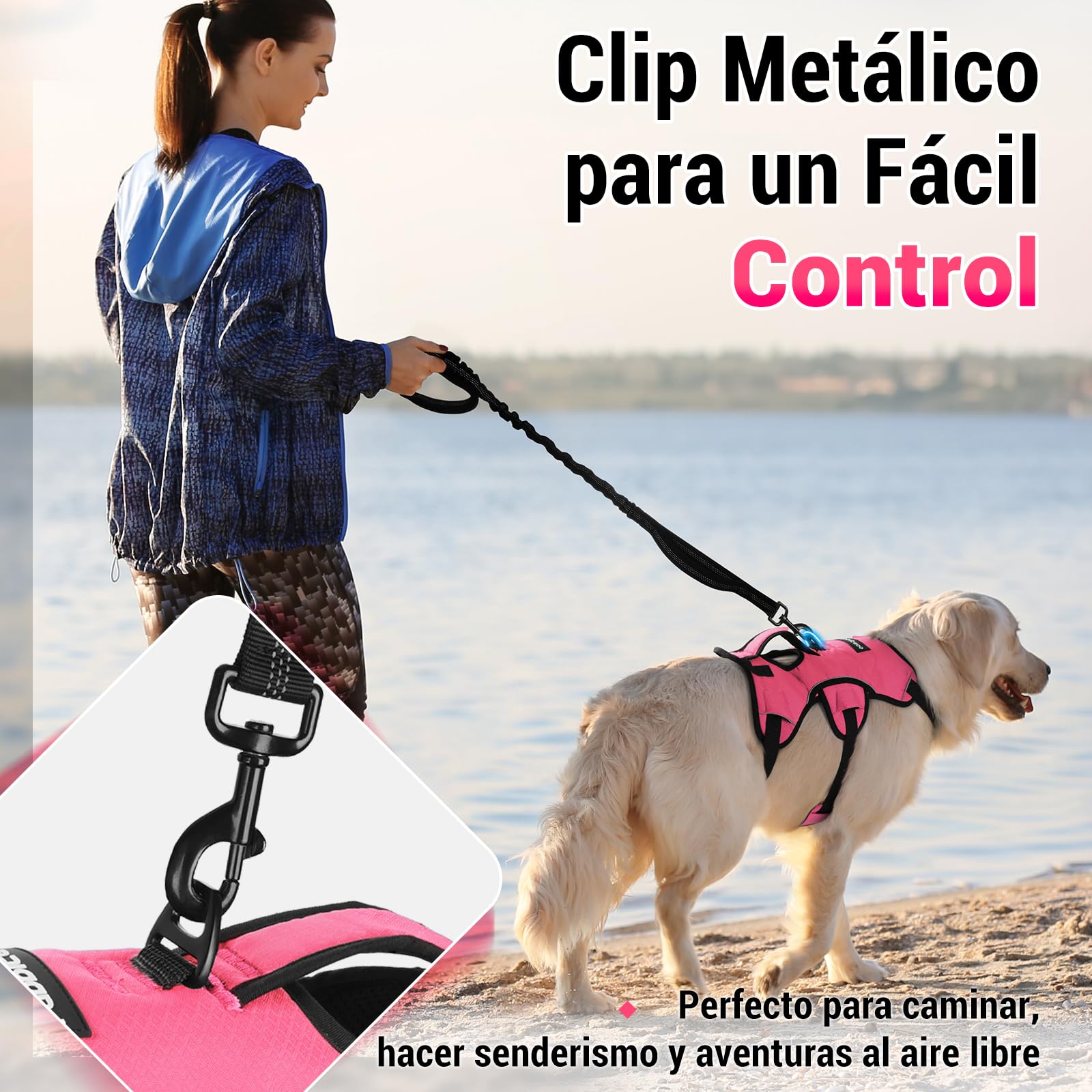 rabbitgoo Arnes Antitirones Perro Grande Mediano Ajustable con Manija de Espalda, Chaleco Acolchado Arnés para Perro Coche Lineas Reflecantes Paseo Fácil para Entrenamiento Tamaño Rosa S