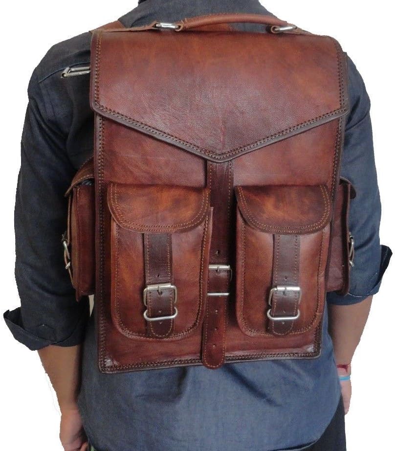 HTL 15" Brown Vintage Leather 2 in 1 Backpack Laptop Messenger Bag Rucksack Sling for Men Women