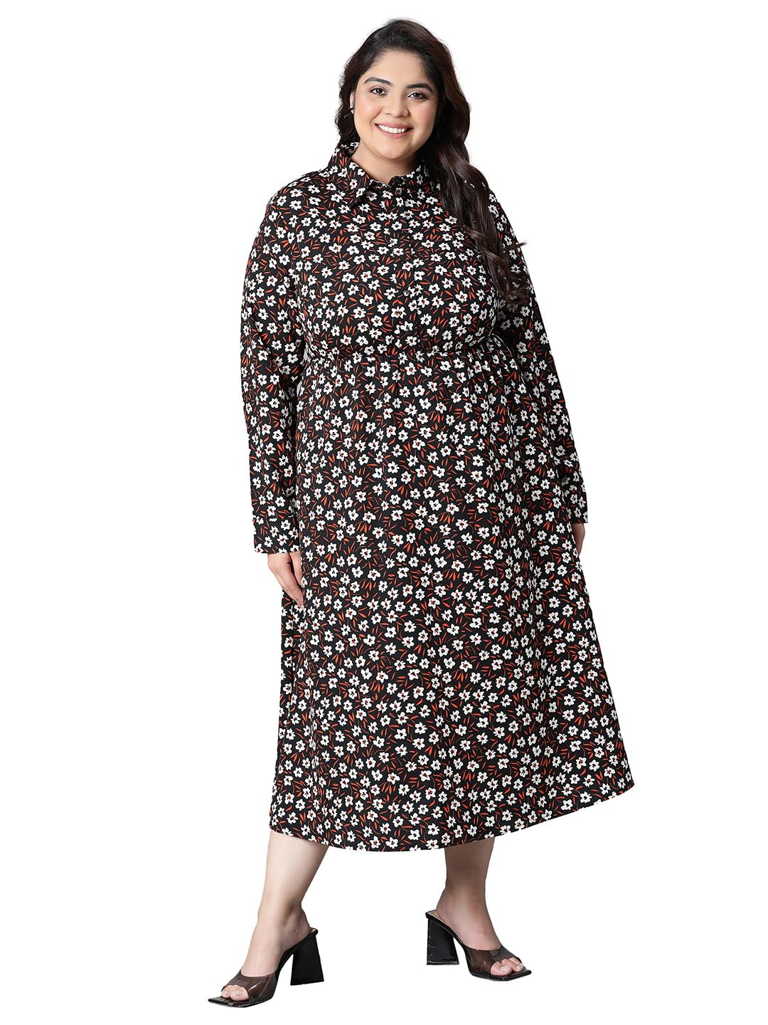 oxolloxoWomen Plus Size Floral Print Collared Long Sleeve Flare Dress