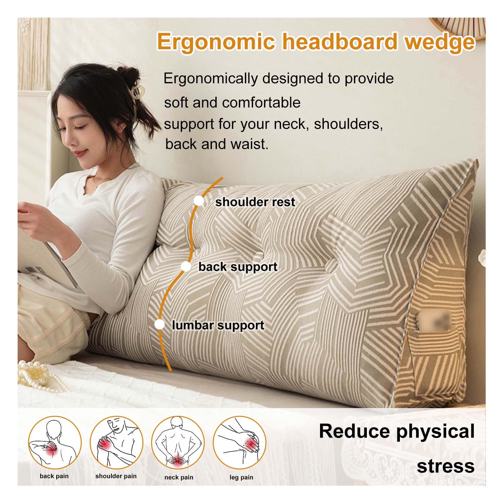 Almohada de apoyo de espalda de espuma viscoelástica con funda lavable, almohada de posicionamiento de cuña grande para apoyo lumbar y comodidad, cojín triangular con respaldo de bolsillo para cama