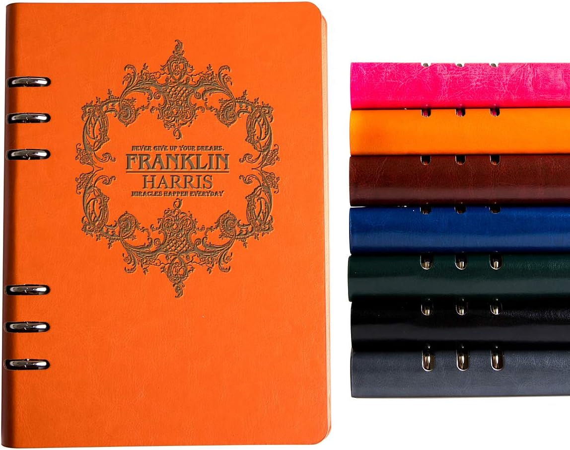 Fanery Sue Personalized Leather Notebook Monogrammed A5 Wide Ruled Hardcover Writing Notebook Loose-Leaf 6-Ring Binders Large, Refillable, Custom Message Notebook(Orange)