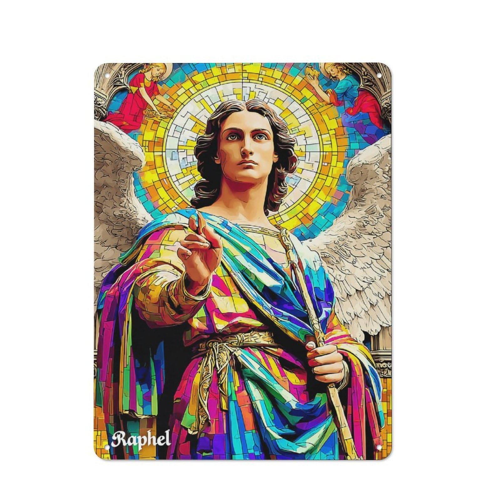 Junmoney Stained Glass Angel Raphael Retro Metal Sign With Design 40X30cm, Nostalgic Vintage Wall Decor For Kitchen, Hallway, Bar Or Small Cafe