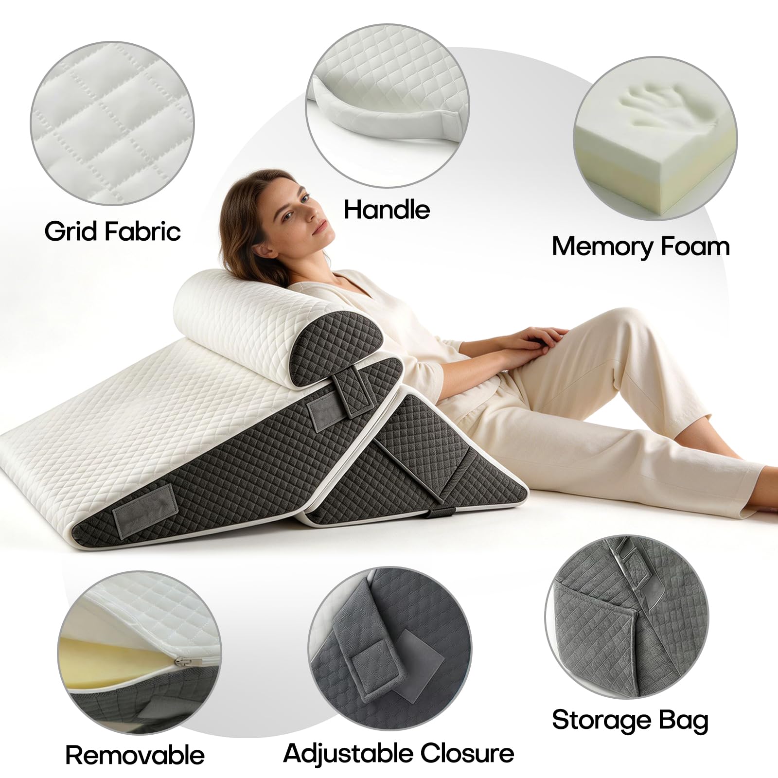 FARYODI Cojín ajustable en cuña para cama y sofá, cojín de reflujo de espuma, cojín de respaldo, para apnea del sueño, lectura, aumento del sueño, almohada de piernas, ronquidos, dolor de espalda