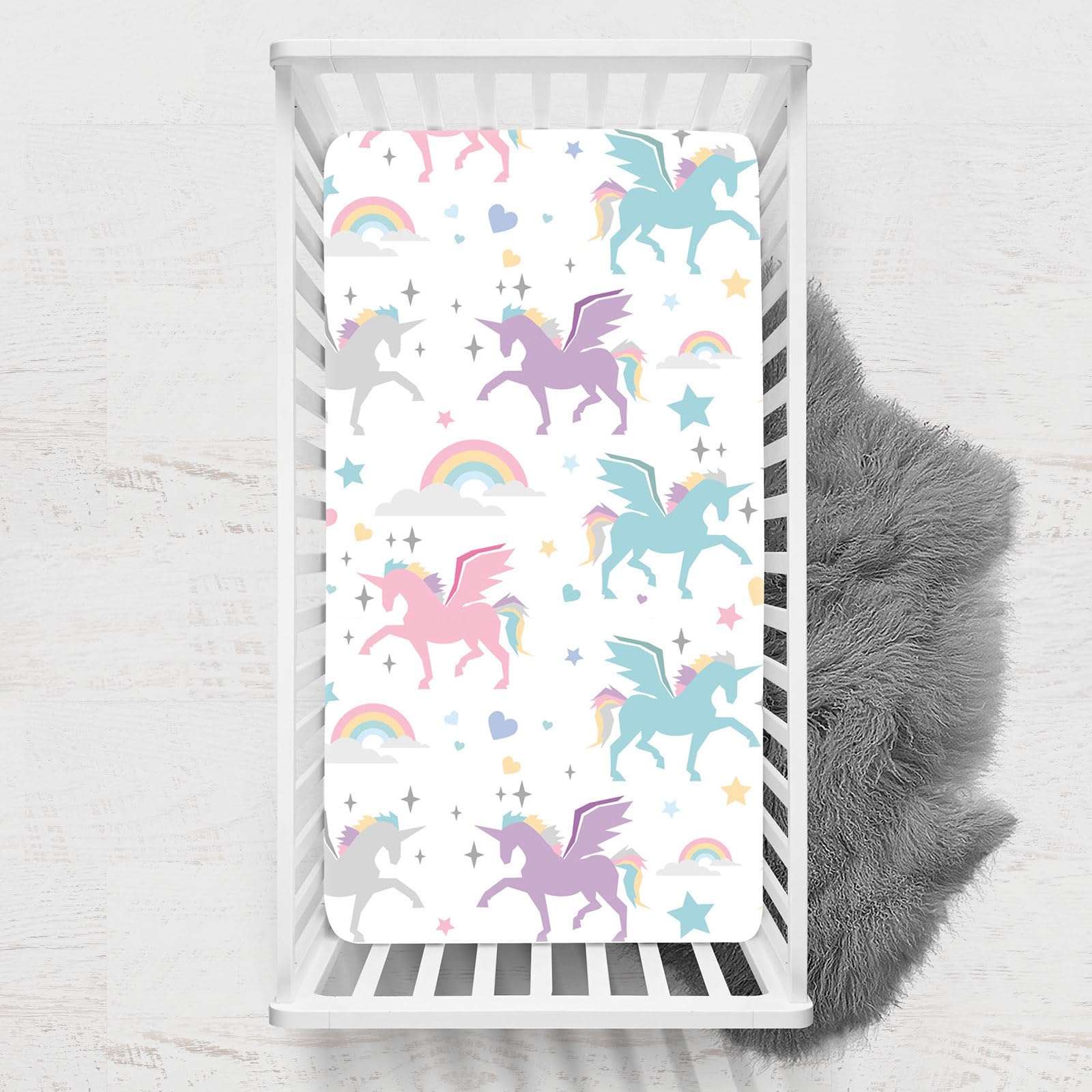 Odot Cot Bed Sheets, Unicorn Print Bedside Cribs Fitted Sheets, Baby Bed Sheets Microfiber Cot Bed Mattress Protector, Bassinet Sheets, Easy Care Soft and Dureable (45x90 cm,Rainbow)