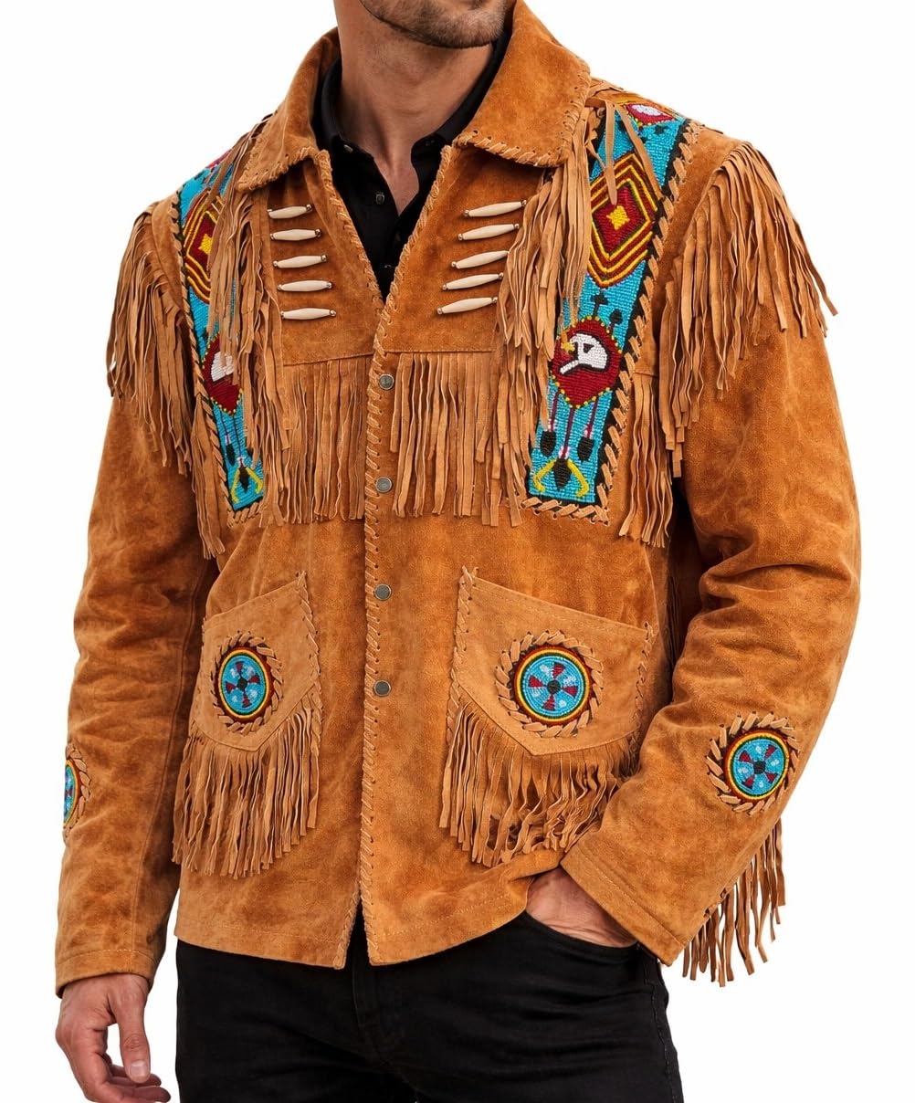 Men’s Western Cowboy Suede Leather Jacket with Fringe, Native American Style Beaded Embroidered Vintage Western Coat