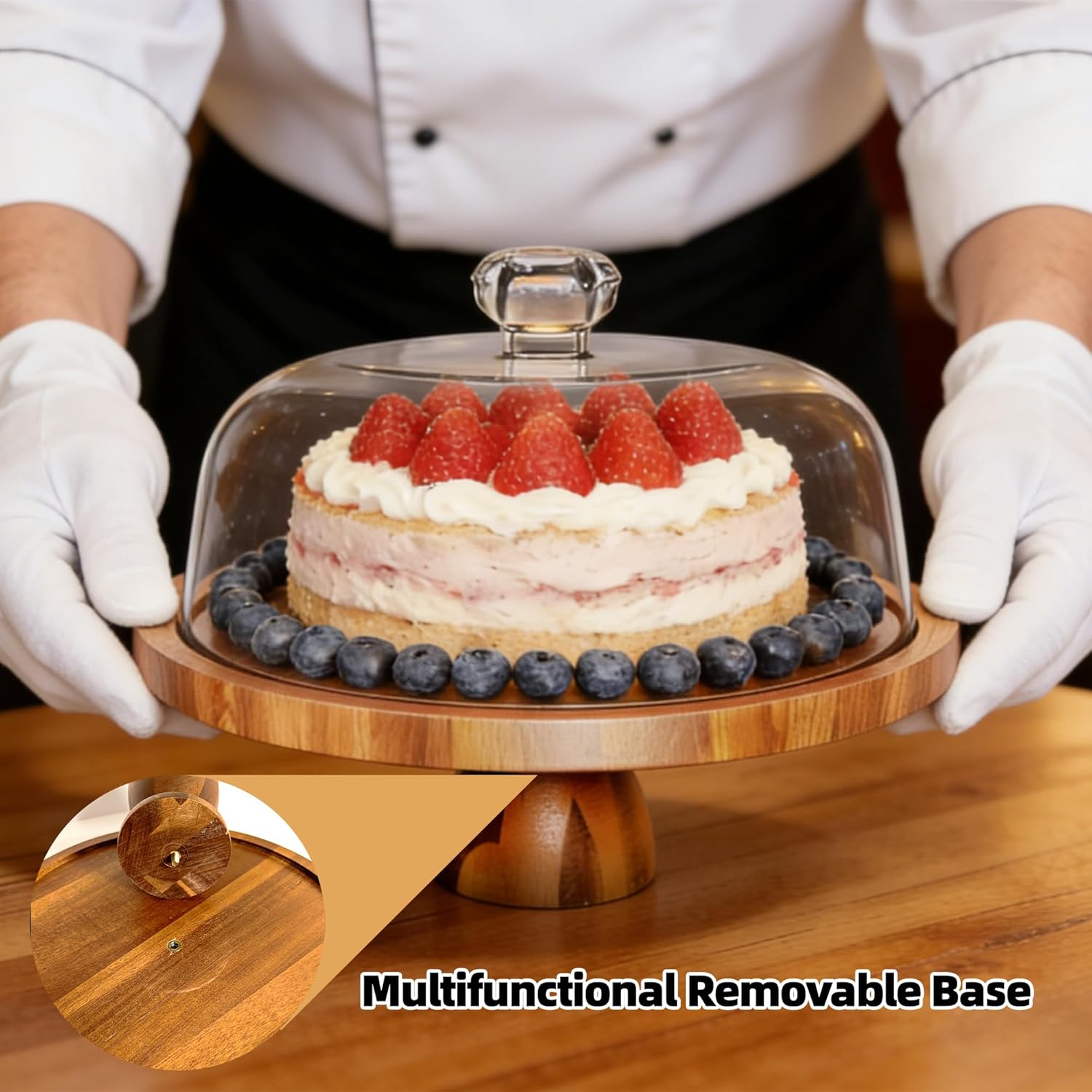 Acacia Wood Cake Stand with Lid , Cake Stand with Dome, 10inch Multifunctional Dessert Table Display Set with Removable Base, Suitable for Cake/Cheese/Chips & Dips/Fruit Platter/Charcuterie Board/Baking Gifts/Wedding registry items
