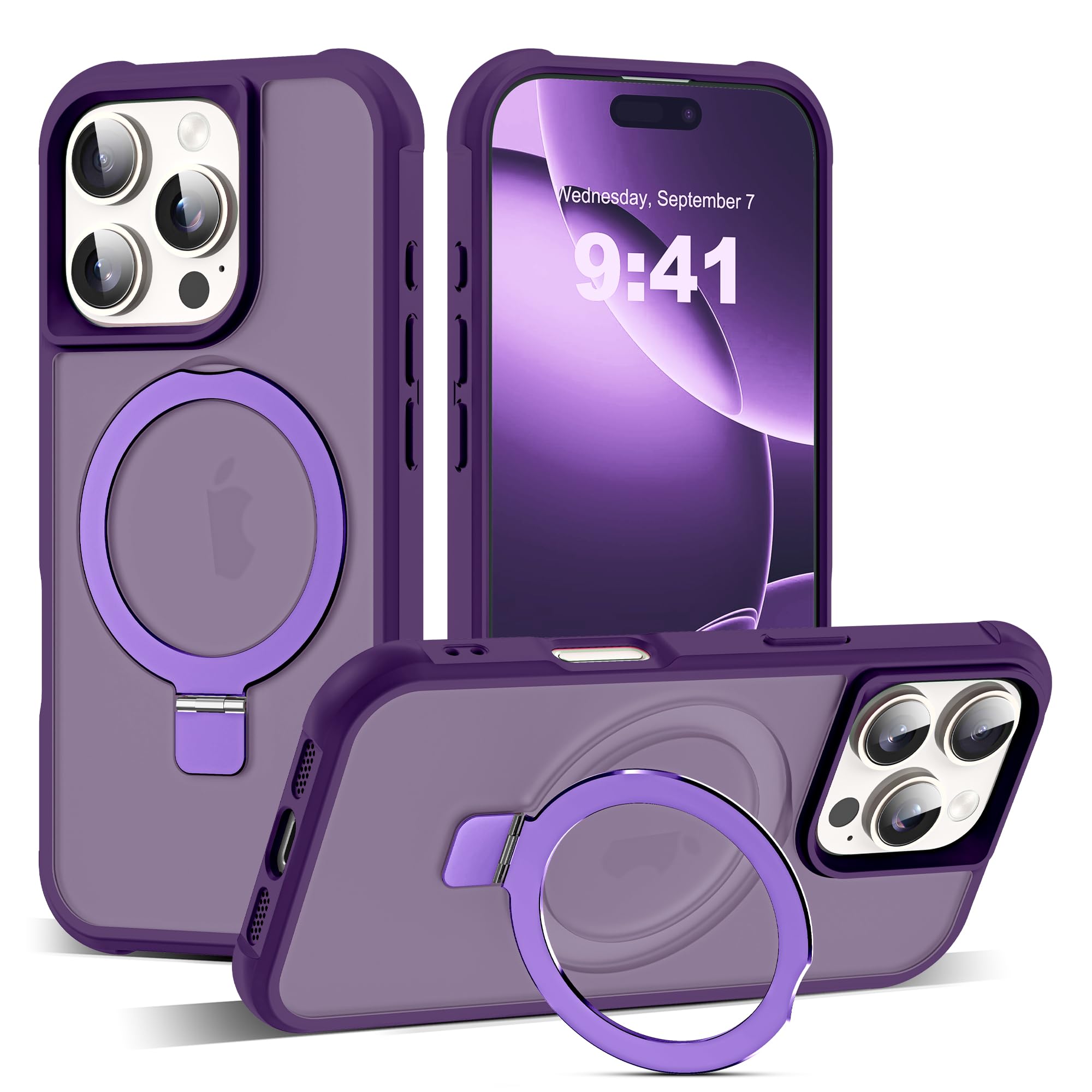 SKYLMW Compatible with iPhone 16 Pro Case with Invisible Magnetic O-Ring Stand Military-Grade Translucent Case for iPhone 16 Pro 6.3" [Compatible with Mag-Safe][Great Grip Feeling], Purple