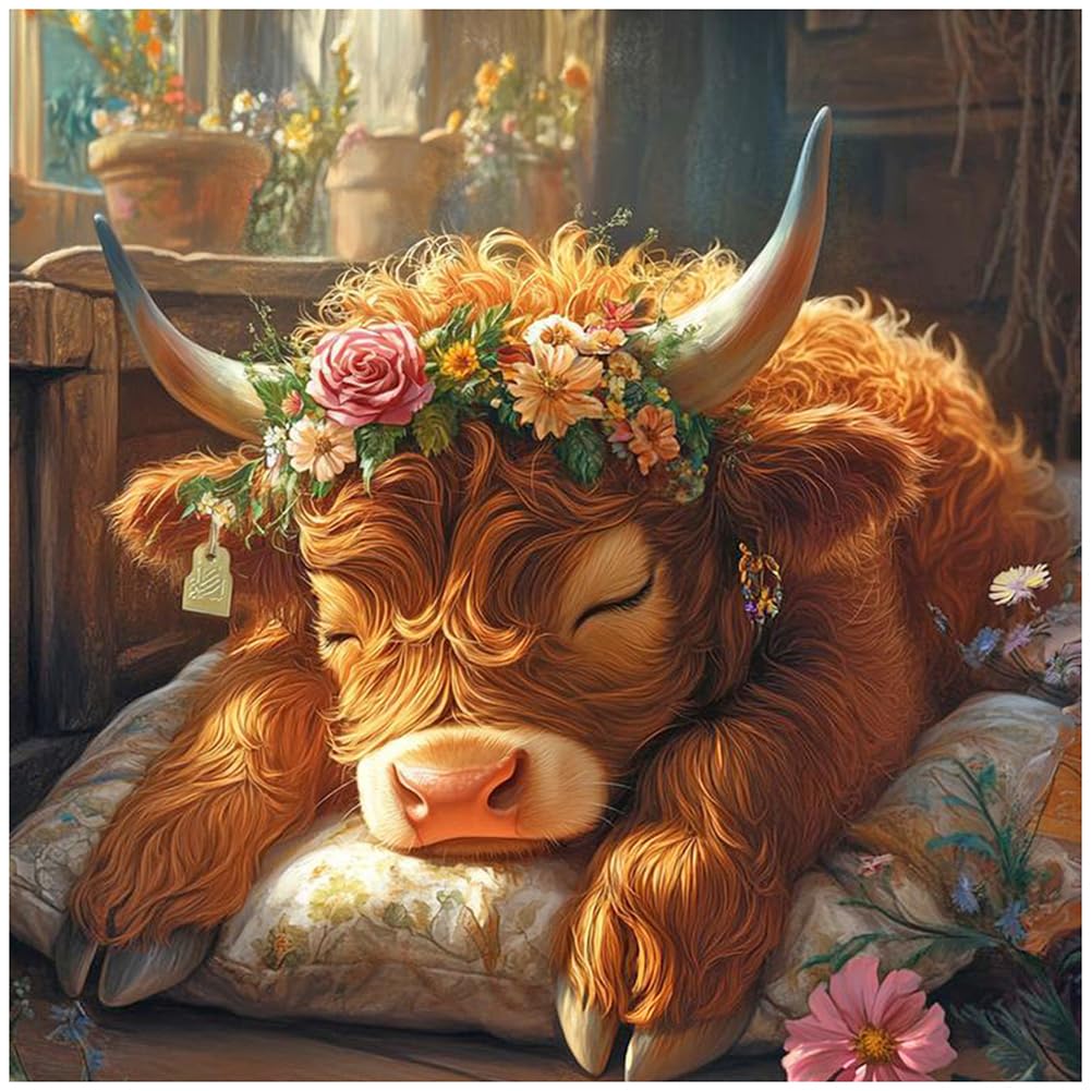 Sanjee Diamond Painting Kits Highland Cow for Adults, Animal Diamond Art Kits for Beginner, Diamond Dots Paintings 5D DIY Round Full Gem Art Crafts for Home Wall Decor Gift, 12 ร 12 Inches