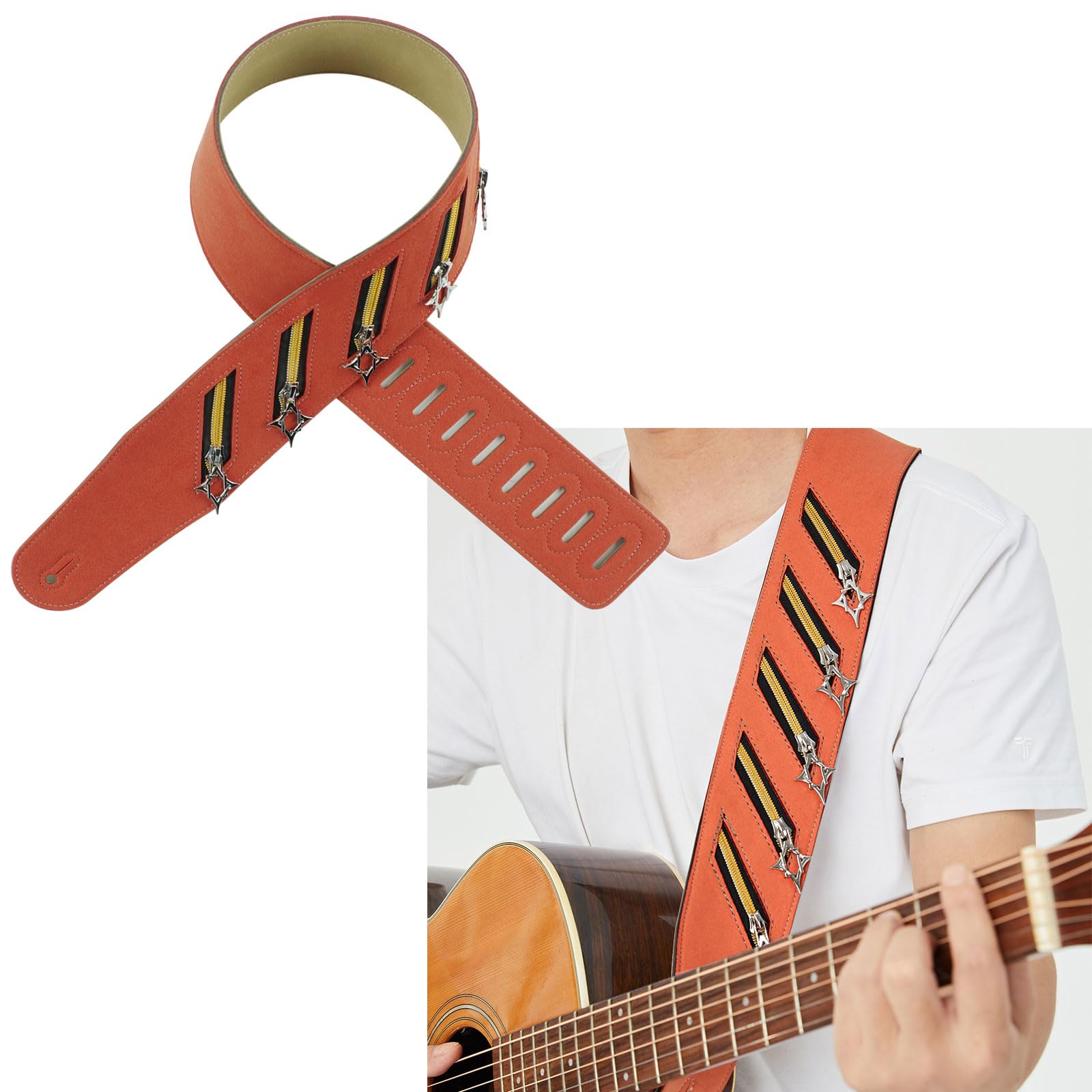 Correa de guitarra de hombro ancho con temática punk, decoración de tachuelas de metal de microfibra, longitud ajustable para mayor comodidad al tocar, correa de bajo