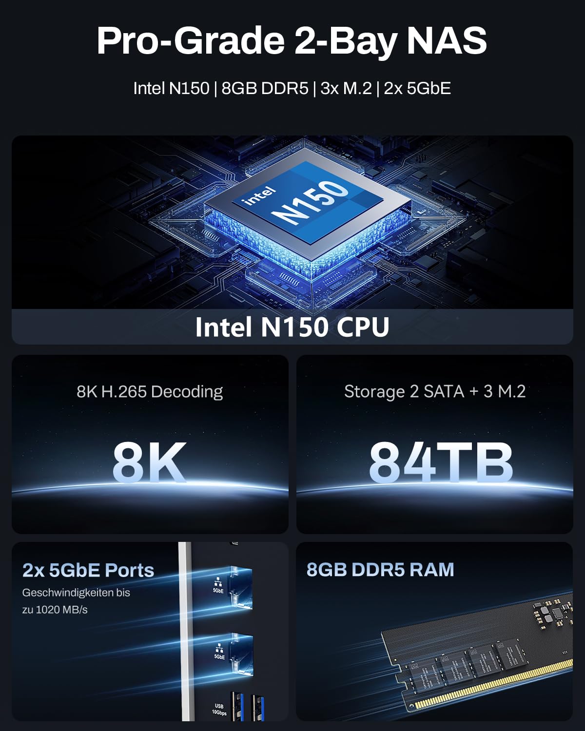 TERRAMASTER F2-425 Plus NAS-Speicher mit 2 Einschüben, Intel N150 Quad-Core CPU, 8 GB DDR5 RAM, 2X 5GbE LAN, 3X M.2 Steckplatz, Netzwerkspeicher für Teamarbeit und Multimedia-Server (ohne Festplatte)