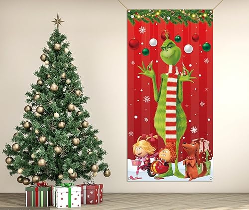 Miniatura 5 de Sunwer Merry Grinchmas - Cubierta de puerta verde Whoville para decoración de fiesta de invierno, decoración de porche frontal, cartel de telón de