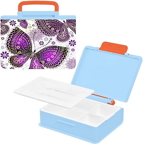 DOMIKING Purple Golden Butterfly Flowers Lunch Box Kids Bento Box with Forks and Spoons 3 Compartments Microwavable Lunch Storage Containers for