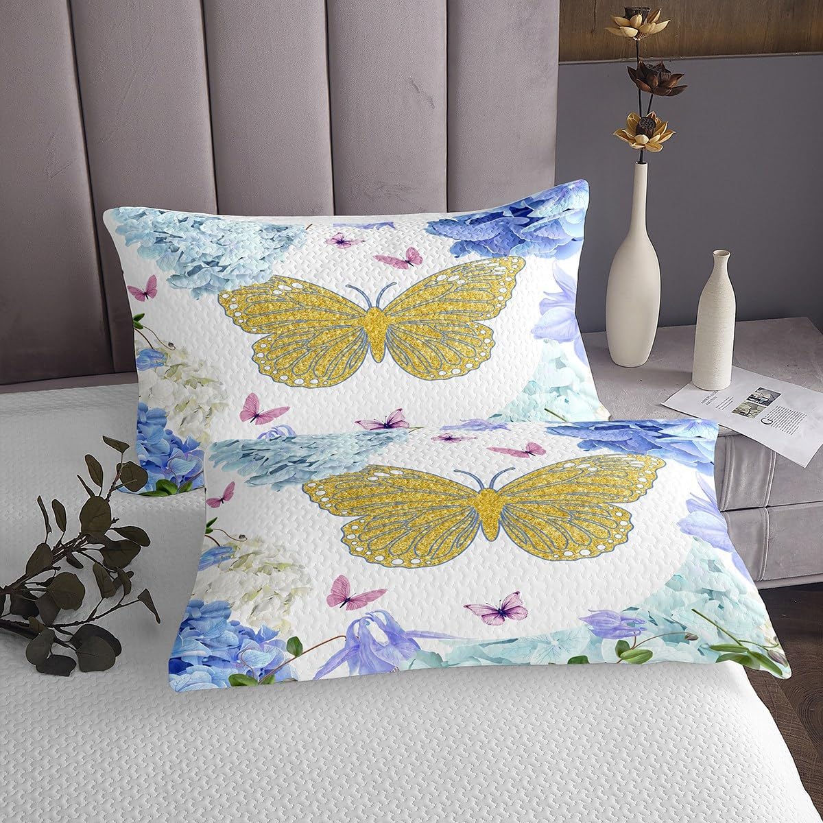 Erosebridal Gold Butterfly Twin Coverlet Set for Girls Women Blue Flowers Quilt Set, Pink Butterflies Bedspread Set Navy Bluebell Bedding Set, Spring Floral Bed Quilt Microfiber