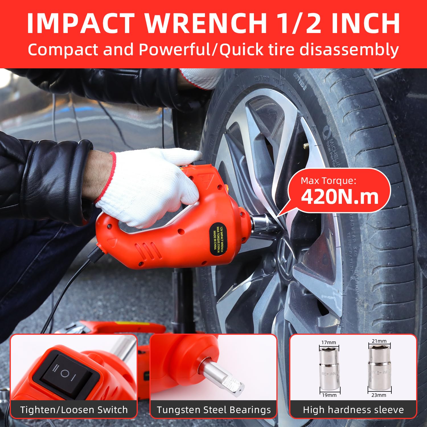 ROGTZ Upgraded Electric Car Jack Kit 5 Ton Floor Jack Hydraulic with Impact Wrench and Tire Inflator,Car Lift for Vehicle Roadside Emergency Tire Repair Kit (Red)