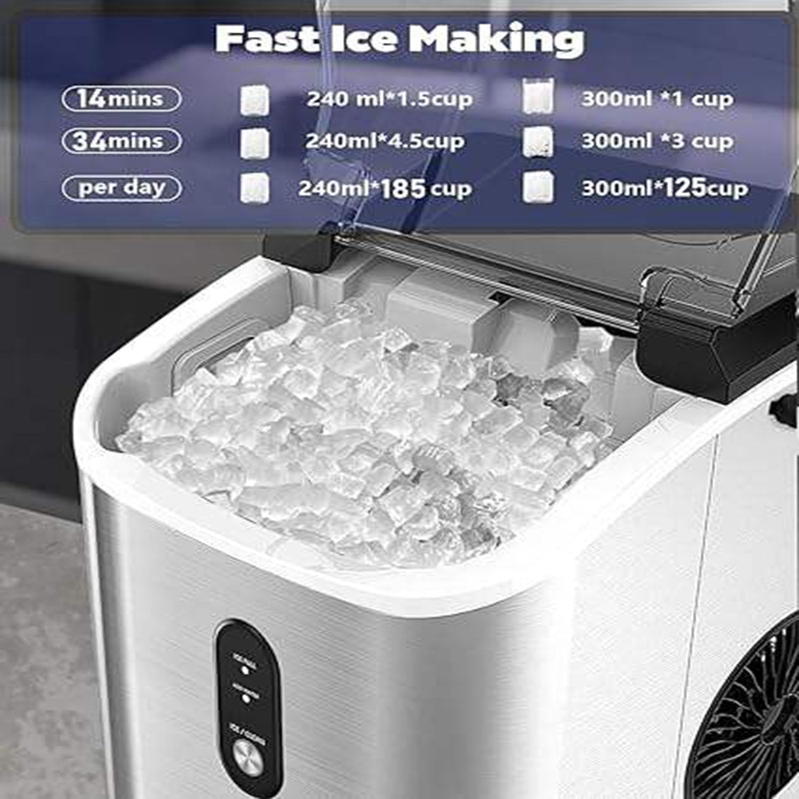 Máquina de hielo portátil, autolimpiante, 15 kg/24 h, cesta y pala para hielo incluidas, hace 9 cubitos de hielo en 6 minutos, compacta para el hogar, la cocina, la oficina y la autocaravana.