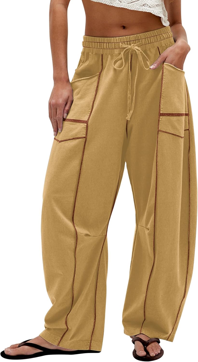 Summer Casual Wide Leg Pants for Women Drawstring Baggy Barrel Sweatpants High Waist Palazzo Lounge Pant with Pockets