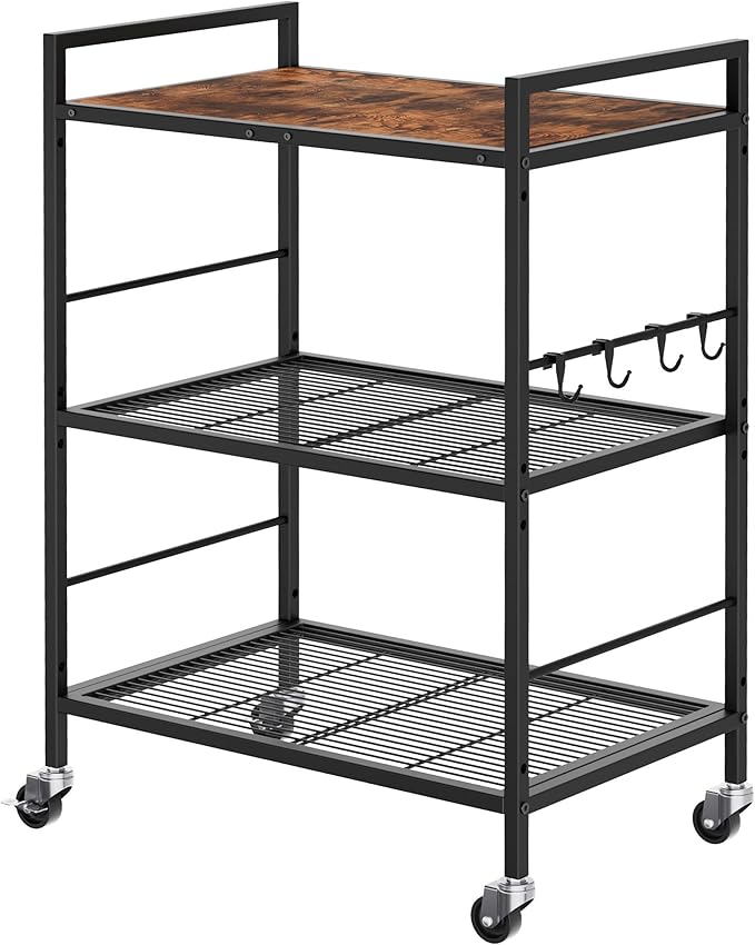 3-Tier Metal Storage Rack with Industrial Wheels,Mesh Shelving Unit with Wooden Table top,Adjustable Shelf,23.6-Inch Width,15.8-Inch Depth, for Kitchen, Laundry,Pantry,Plant,Black