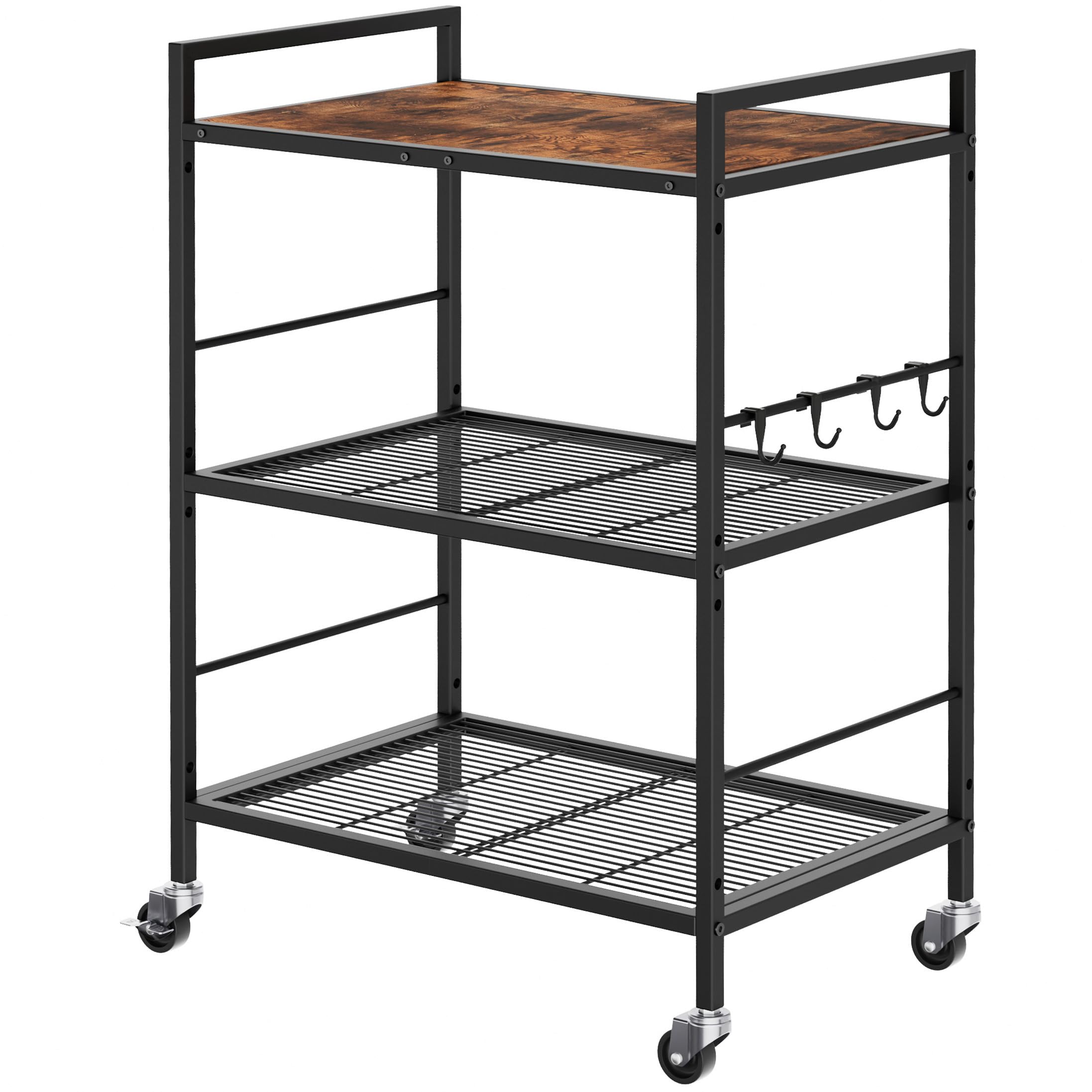 YONTUO 3-Tier kitchen trolley,Brown Wood Top,60W×40Dcm,4 Hooks, Adjustable Shelves