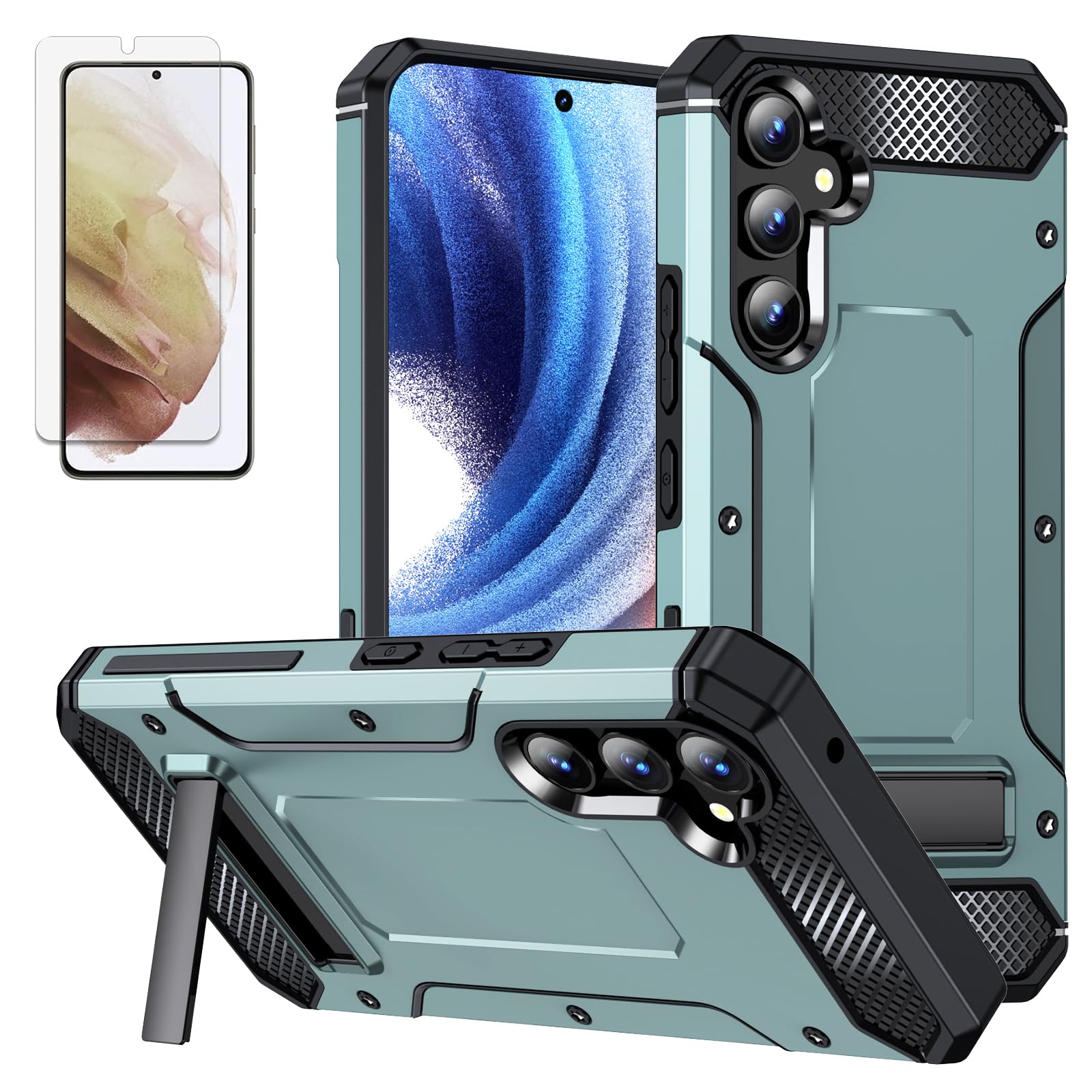 WALAGO Galaxy S21 FE 5G Case with HD Screen Protector, with Firm Kickstand Comfortable and Non-Slip Gripping for Samsung Galaxy S21 FE Phone Case Slim 5G 6.4 inch, Green