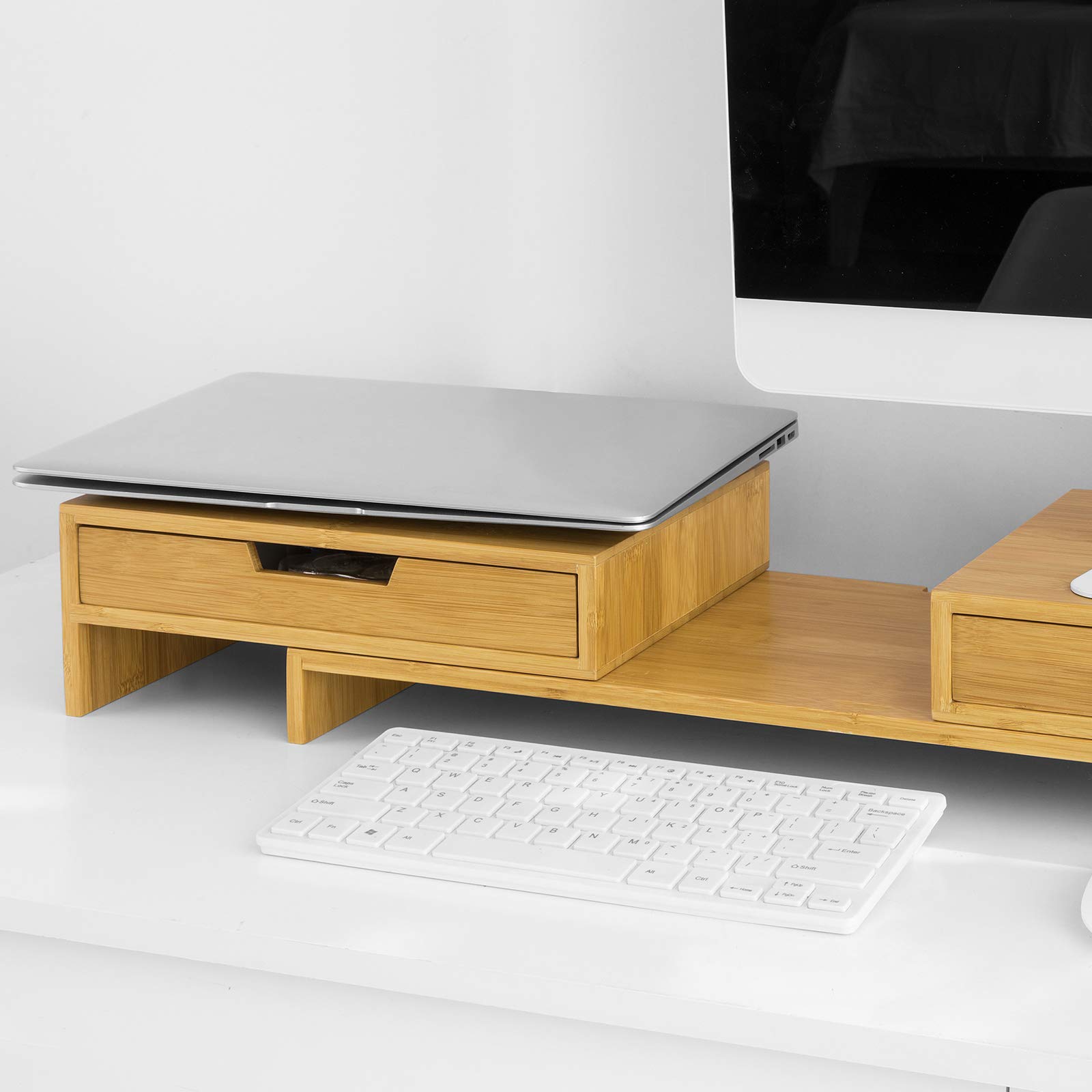 SoBuy Supporto monitor pc da scrivania per 2 monitors angoli girevole con 2 cassetti e gomma antiscivolo in legno massello di bambù BBF04-N