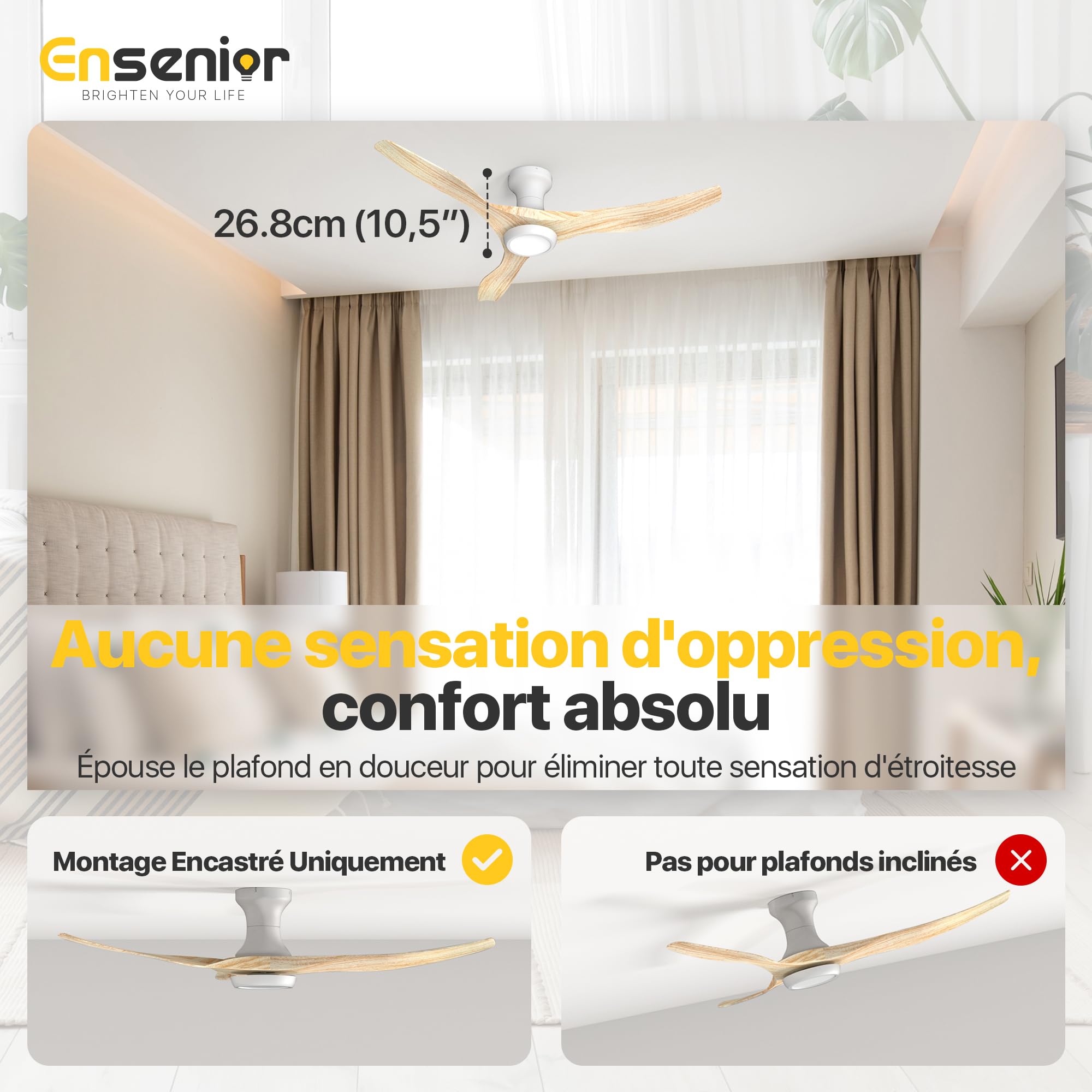 Ensenior Ventilateur de Plafond avec Lumière Silencieux 126cm Moteur DC 3 Couleurs LED Dimmable Mémoire 6 Vitesses Bois