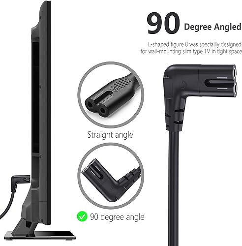 Miniatura 10 de Ancable - Cable de alimentación de repuesto para TV, paquete de 2 unidades de 12 pies en ángulo recto de 2 clavijas a forma de L figura 8 C7 para TV