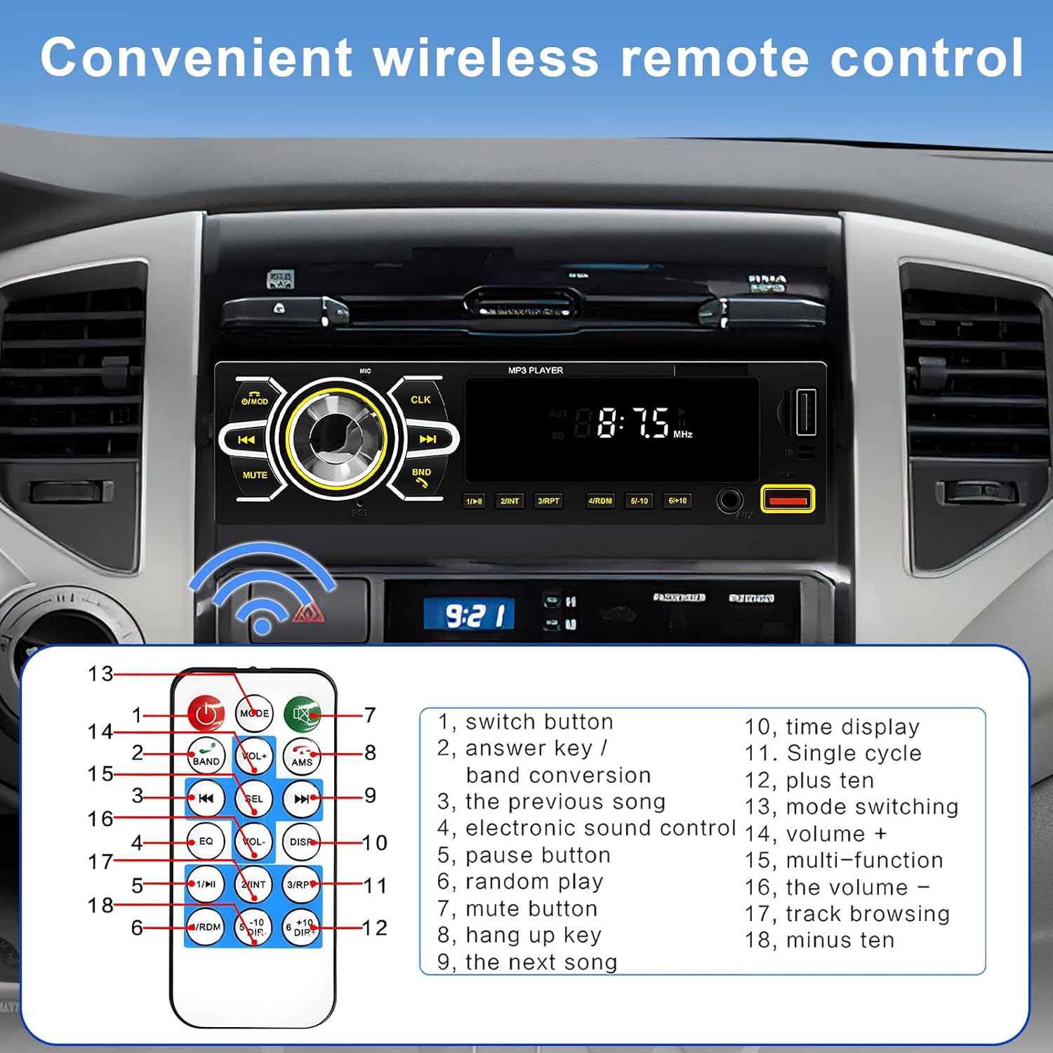 Wireless remote control for the car stereo with labeled buttons