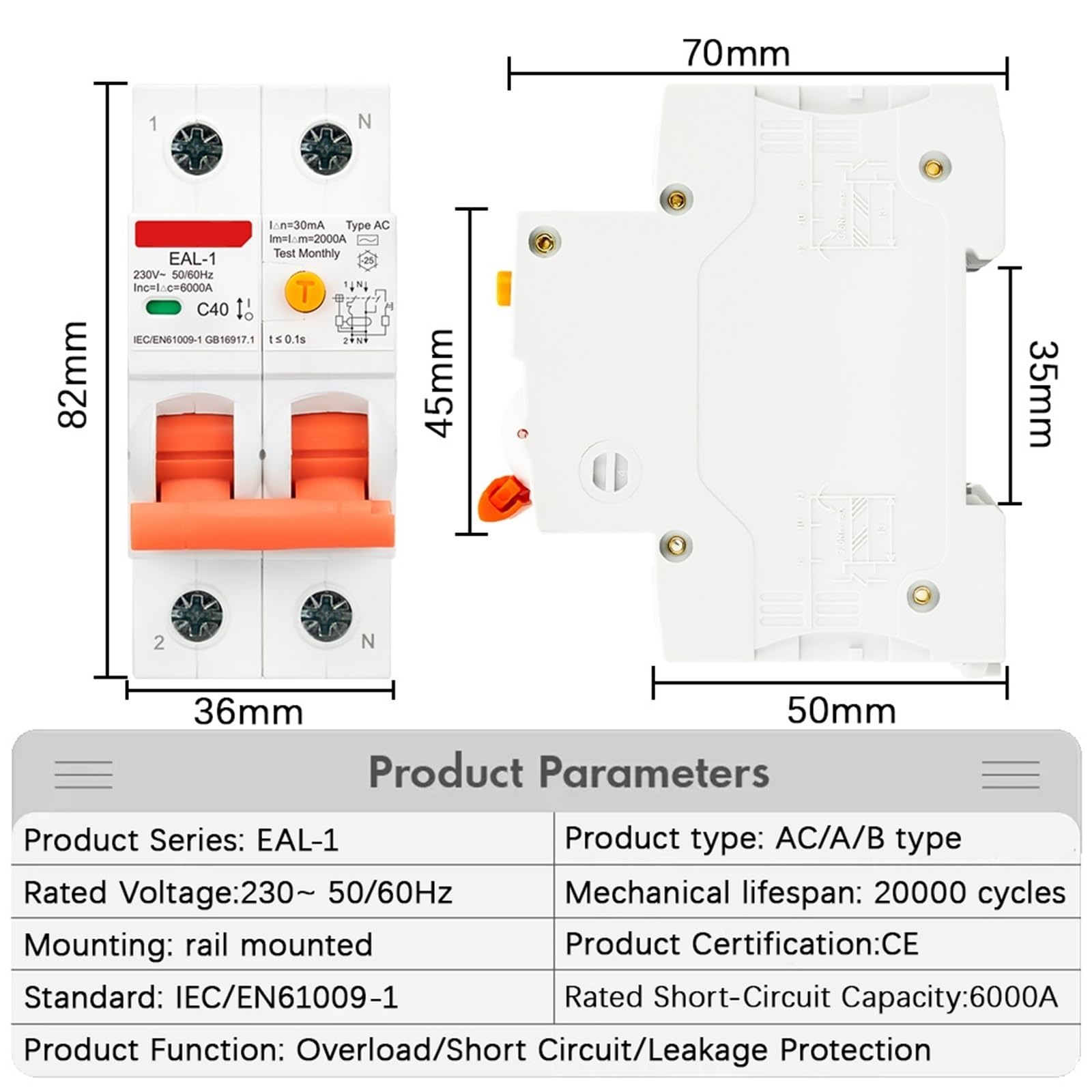 2P 30mA AC A B Type RCBO RCCB MCB Electronic Residual Current Circuit Breaker Over Short Current 1Pcs(Type A 30mA,40A)