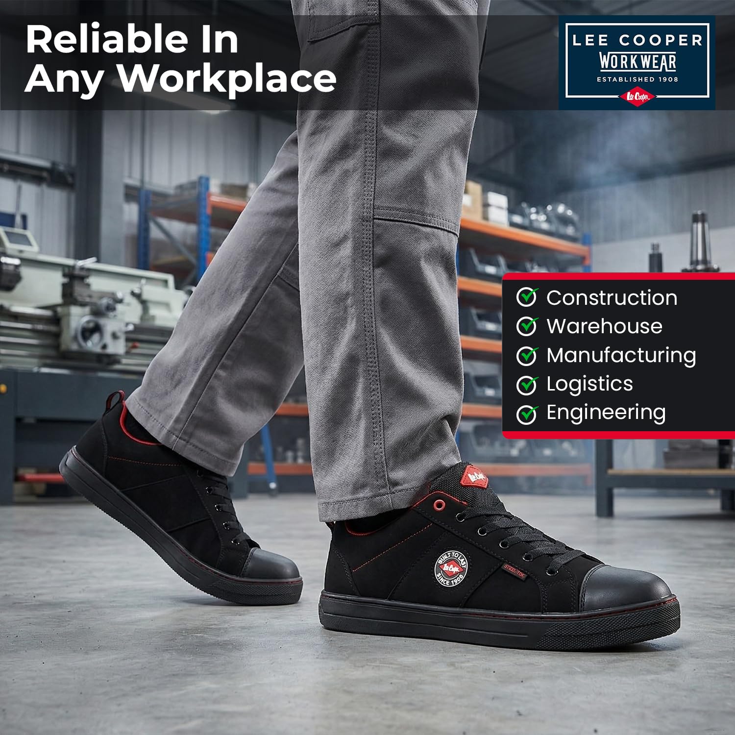 Lee Cooper ‎LCSHOE054 Unisexowe obuwie ochronne robocze SB/SRA w stylu retro baseball nowoczesny design buty robocze BHP, Czarny, 42 EU
